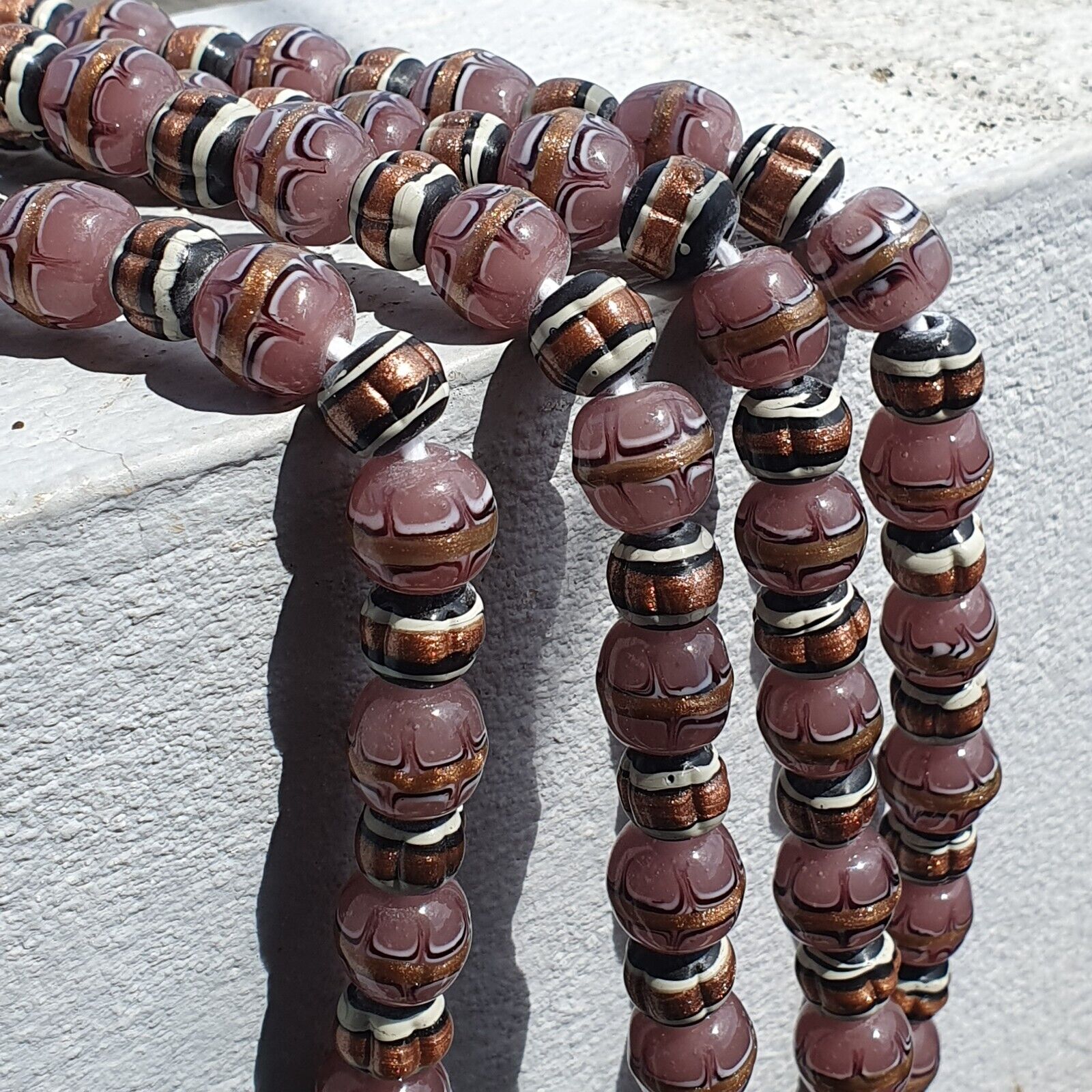 Vintage Aventurine Millefiori Black pink Fancy glass beads 13mm 24" Necklace