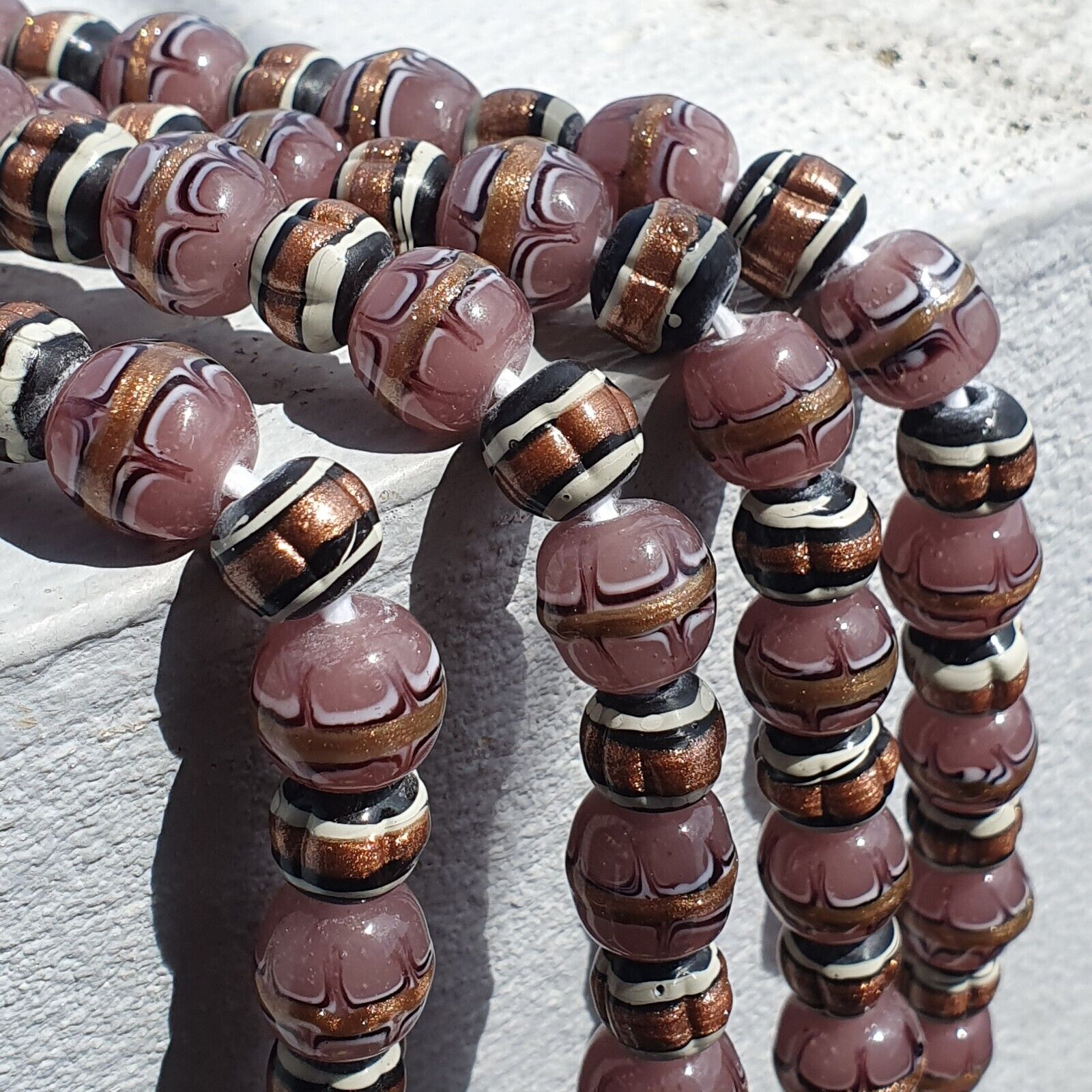 Vintage Aventurine Millefiori Black pink Fancy glass beads 13mm 24" Necklace