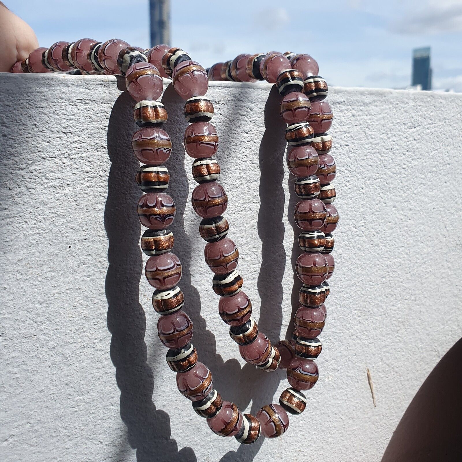 Vintage Aventurine Millefiori Black pink Fancy glass beads 13mm 24" Necklace