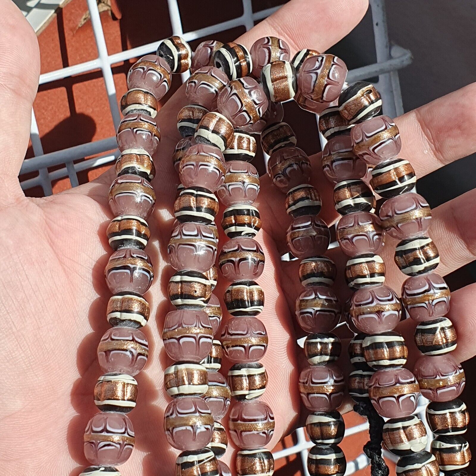 Vintage Aventurine Millefiori Black pink Fancy glass beads 13mm 24" Necklace