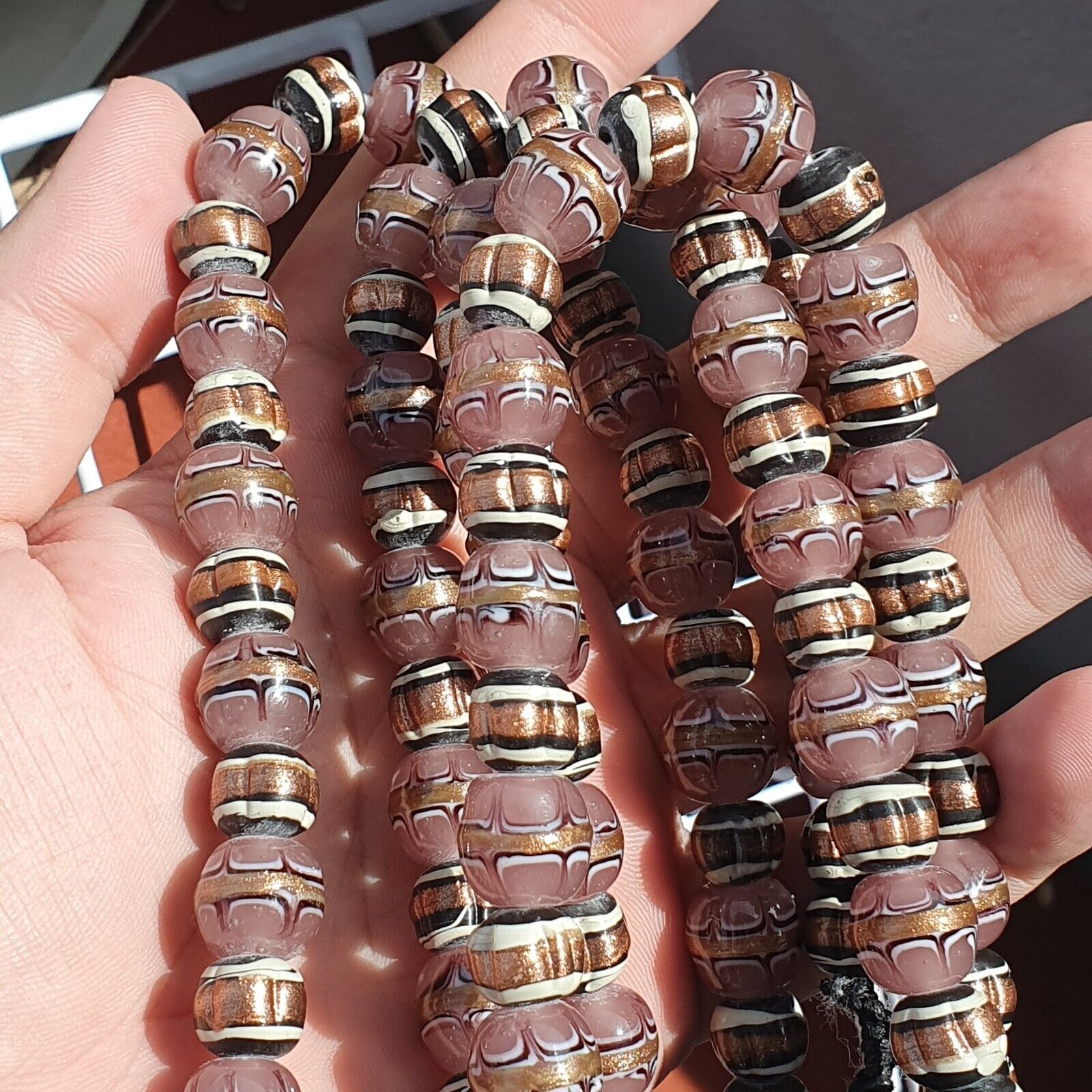 Vintage Aventurine Millefiori Black pink Fancy glass beads 13mm 24" Necklace