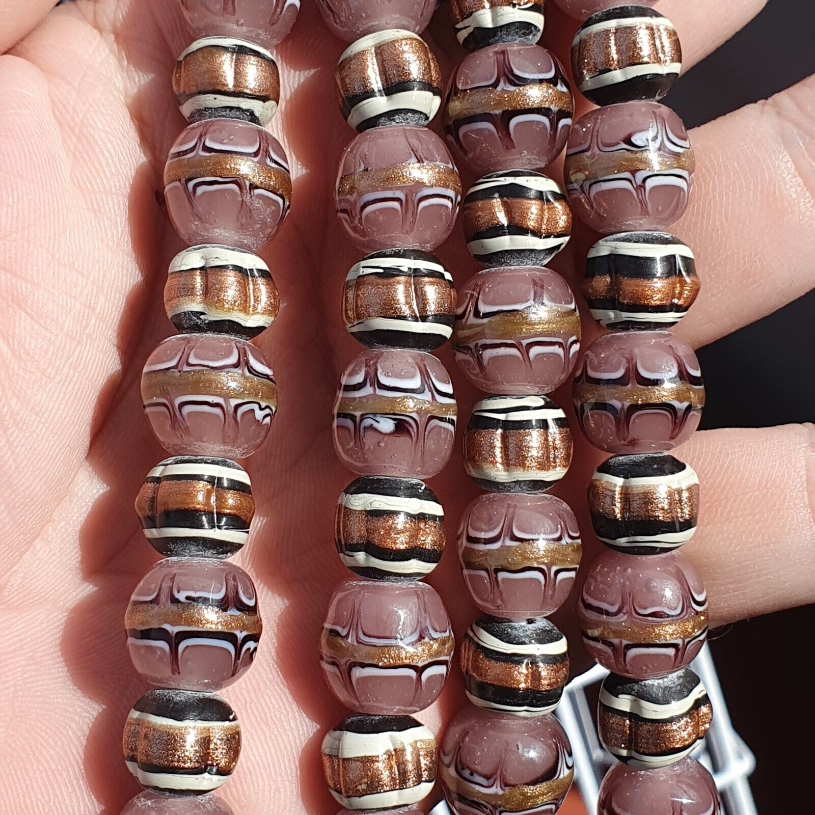 Vintage Aventurine Millefiori Black pink Fancy glass beads 13mm 24" Necklace