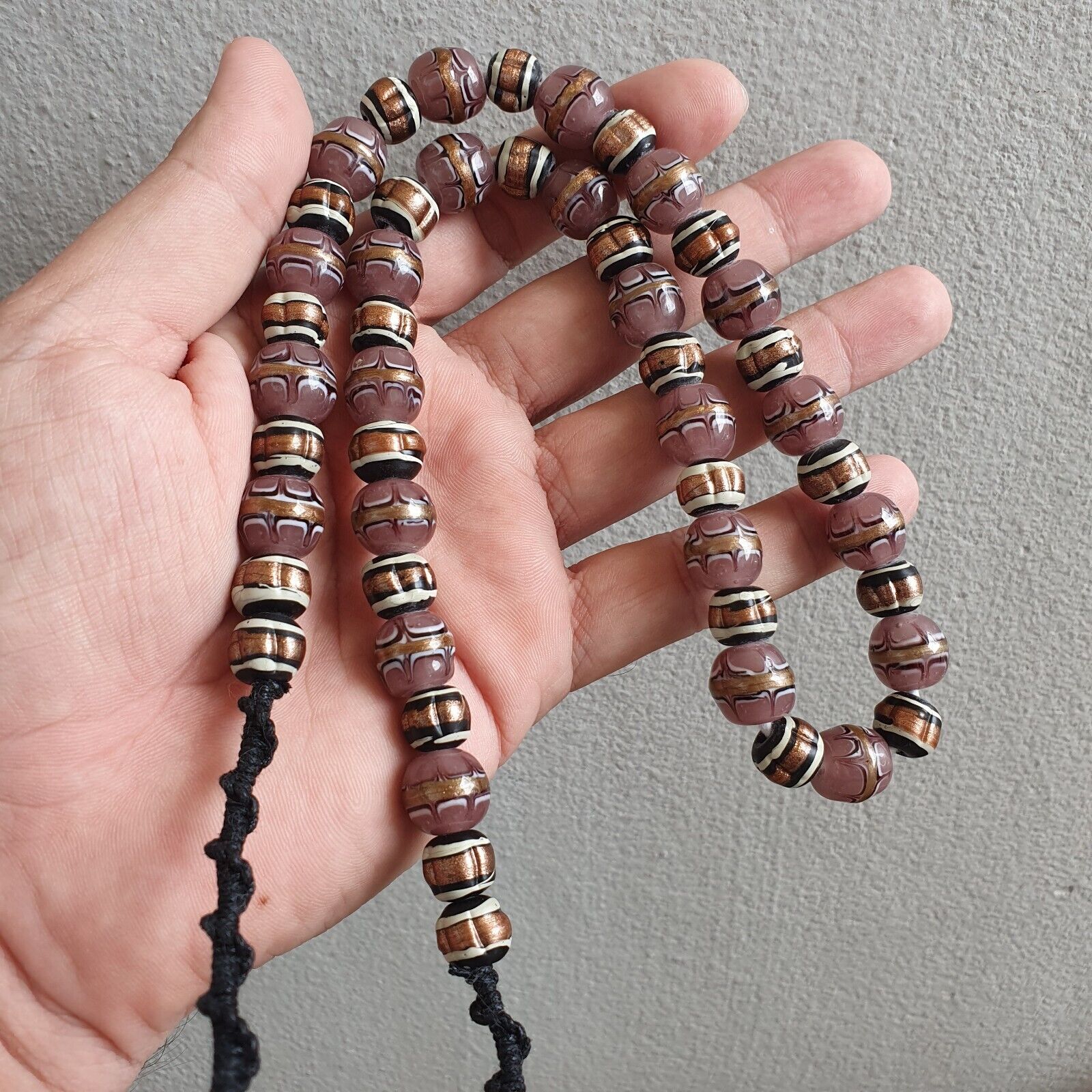 Vintage Aventurine Millefiori Black pink Fancy glass beads 13mm 24" Necklace