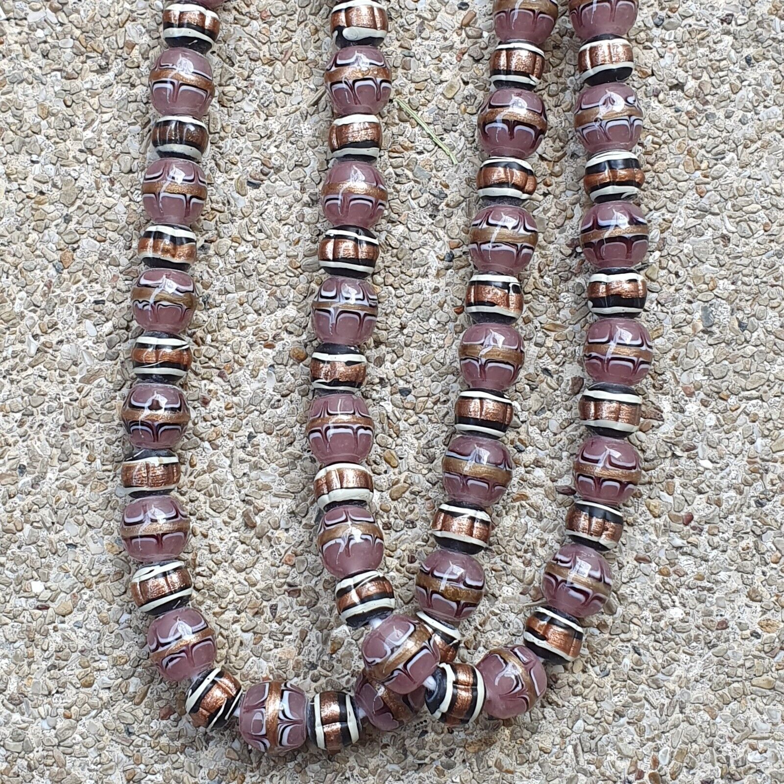 Vintage Aventurine Millefiori Black pink Fancy glass beads 13mm 24" Necklace