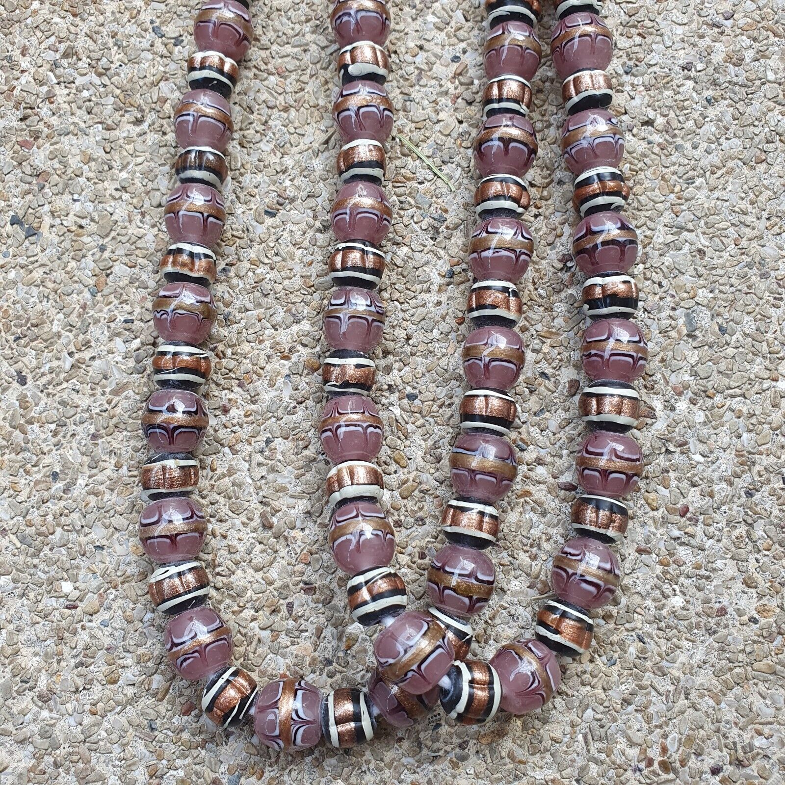 Vintage Aventurine Millefiori Black pink Fancy glass beads 13mm 24" Necklace