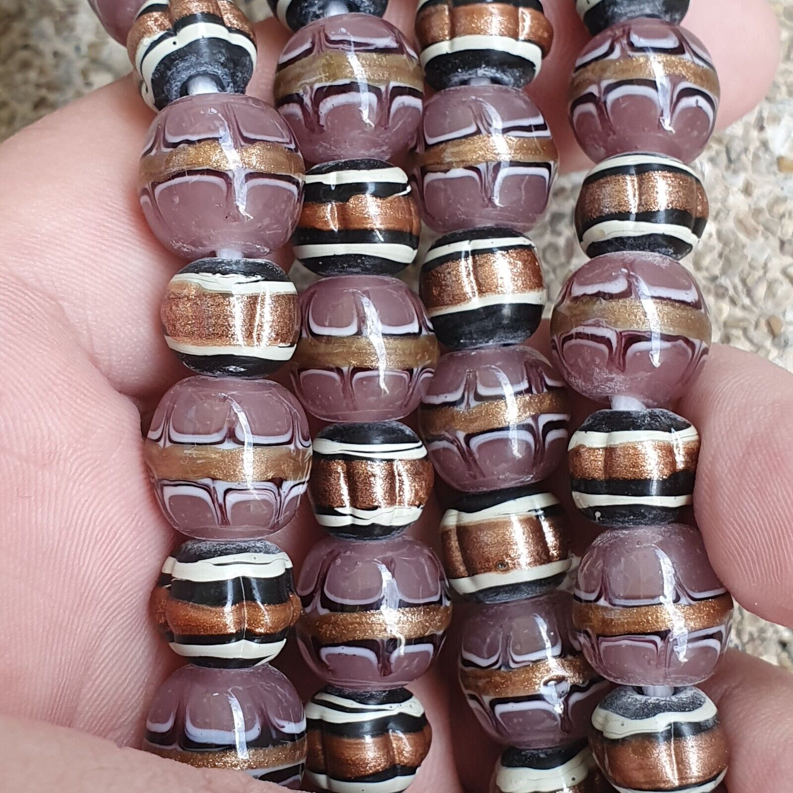 Vintage Aventurine Millefiori Black pink Fancy glass beads 13mm 24" Necklace