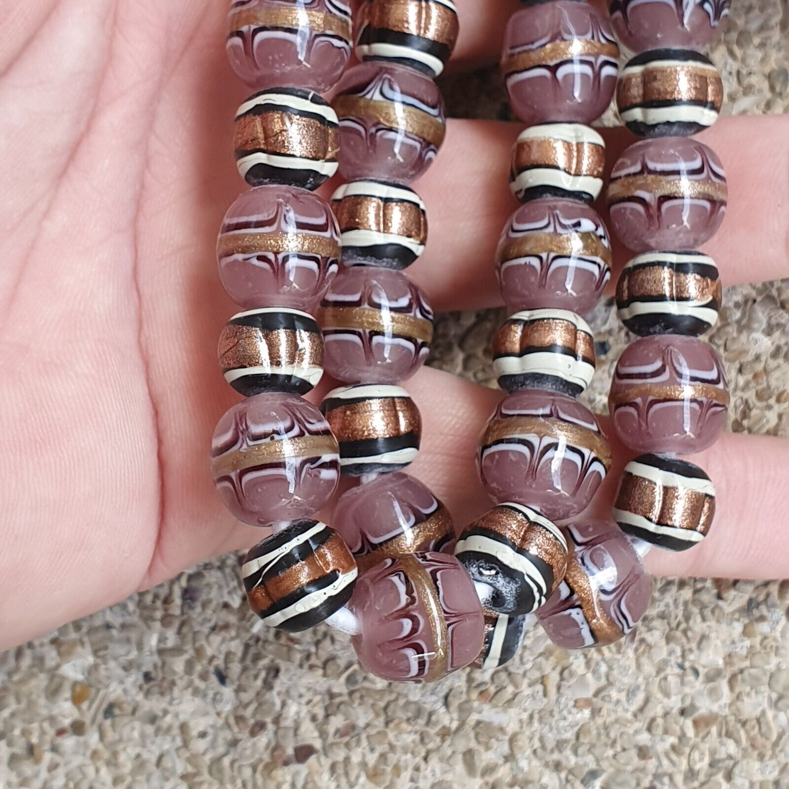 Vintage Aventurine Millefiori Black pink Fancy glass beads 13mm 24" Necklace
