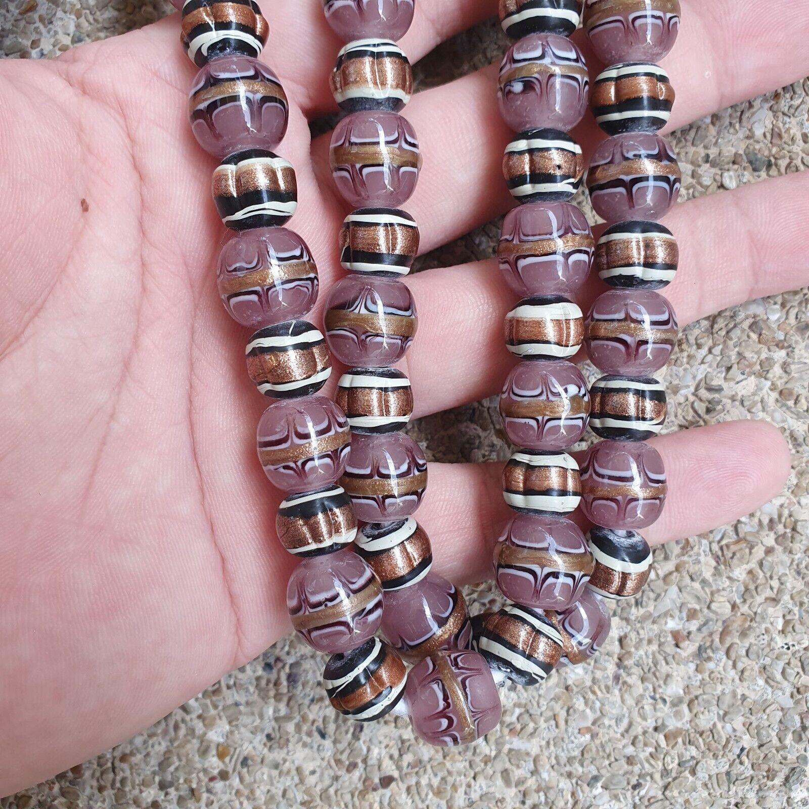 Vintage Aventurine Millefiori Black pink Fancy glass beads 13mm 24" Necklace