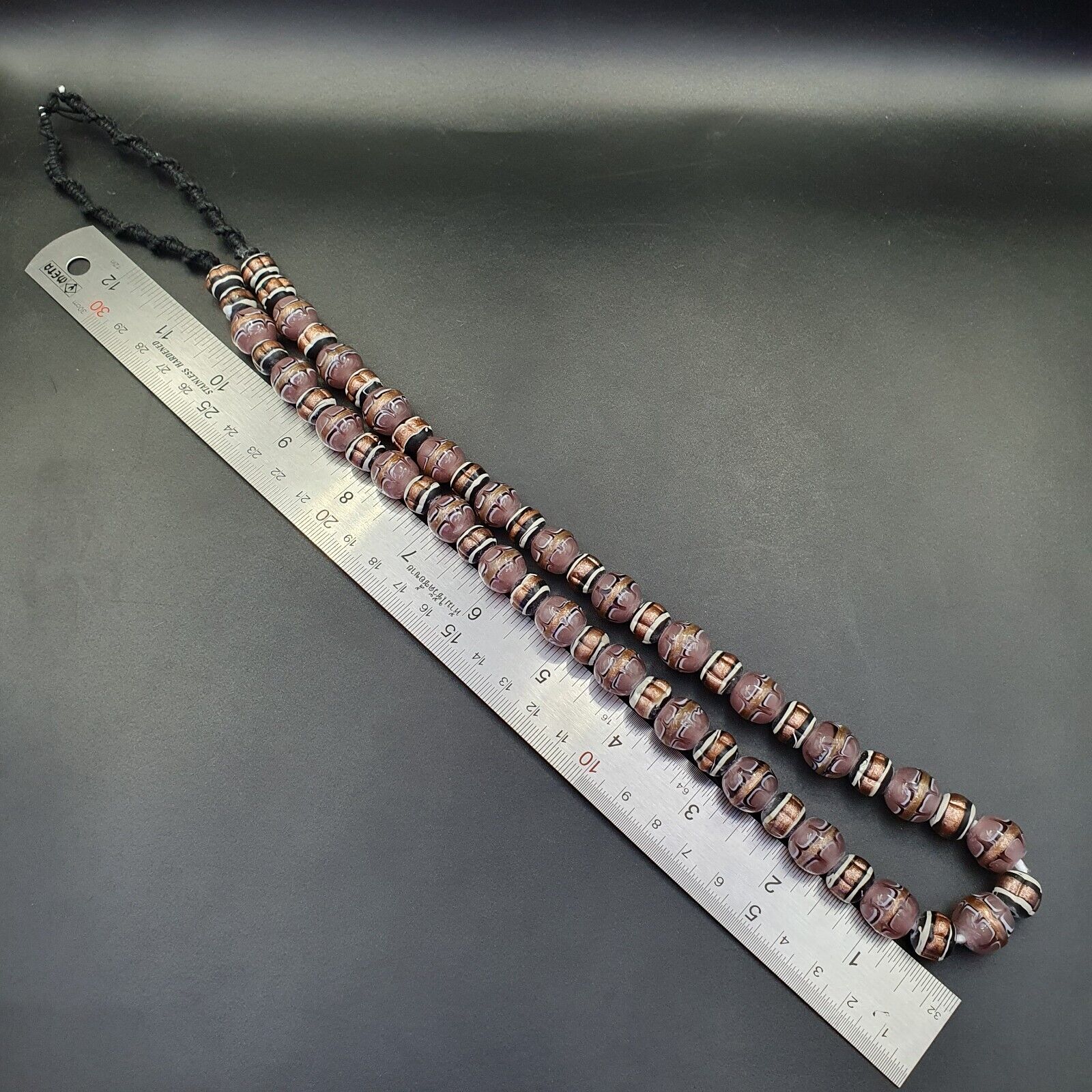 Vintage Aventurine Millefiori Black pink Fancy glass beads 13mm 24" Necklace