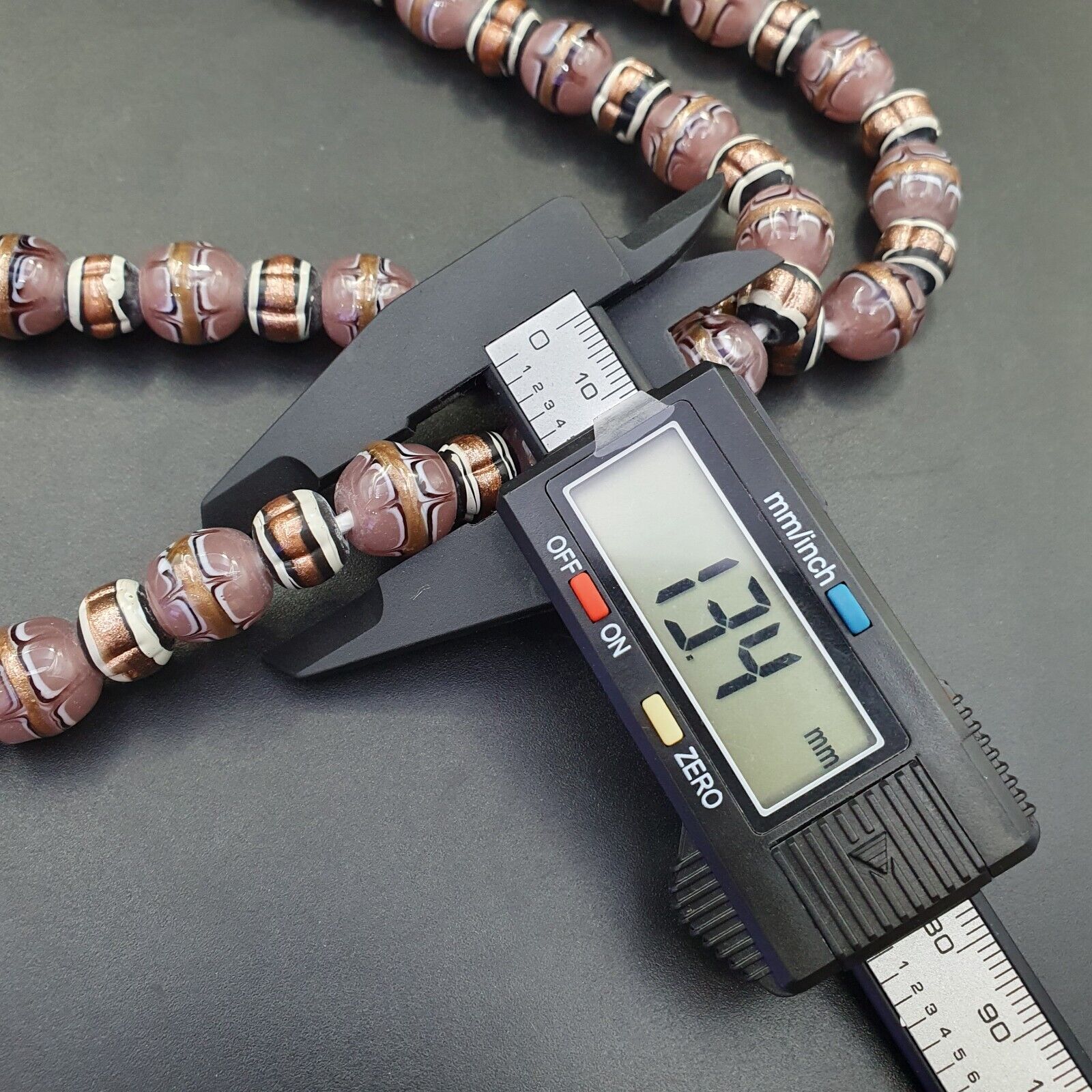 Vintage Aventurine Millefiori Black pink Fancy glass beads 13mm 24" Necklace