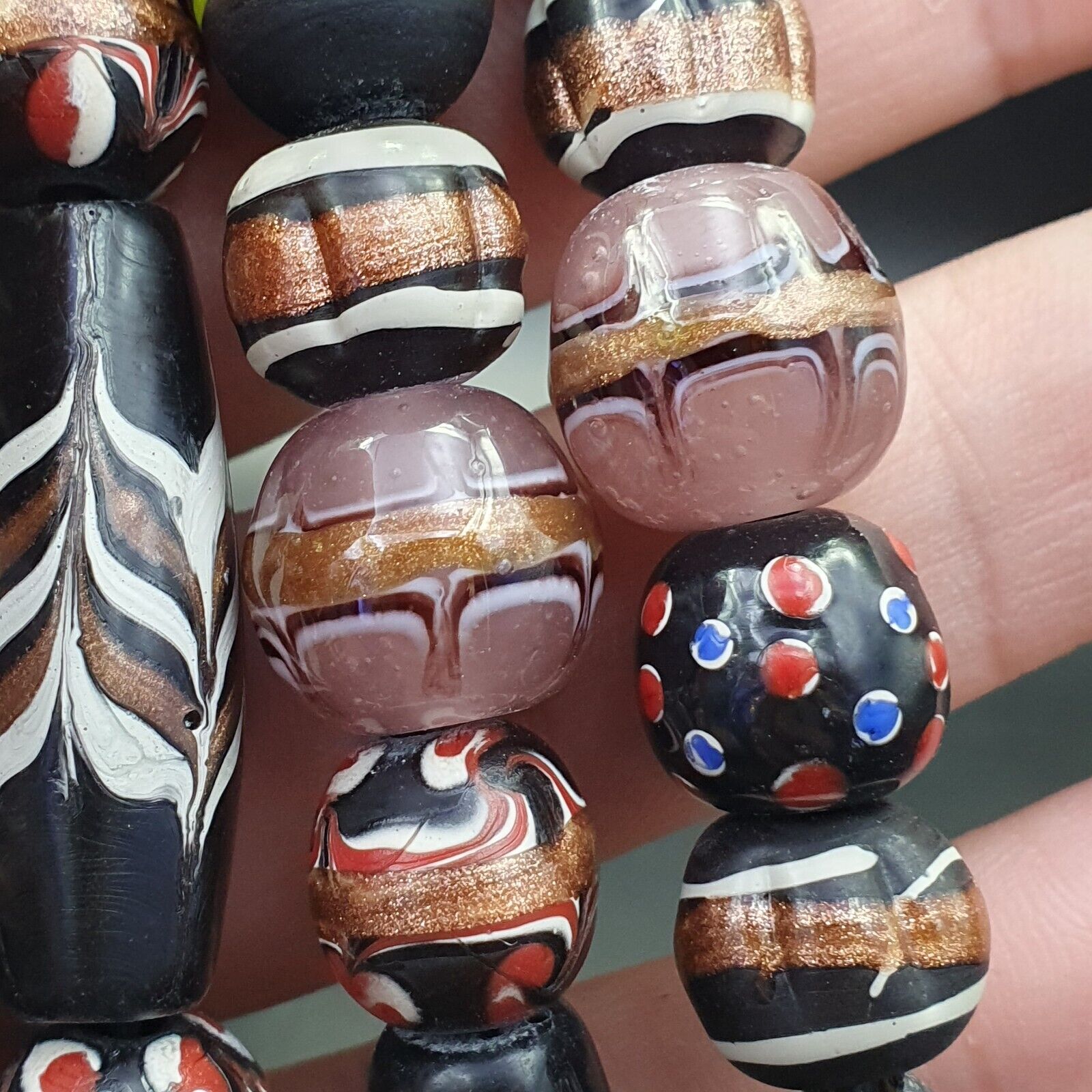 Vintage Fancy Aventurine Skunk Feather Venetian Style Beads | African