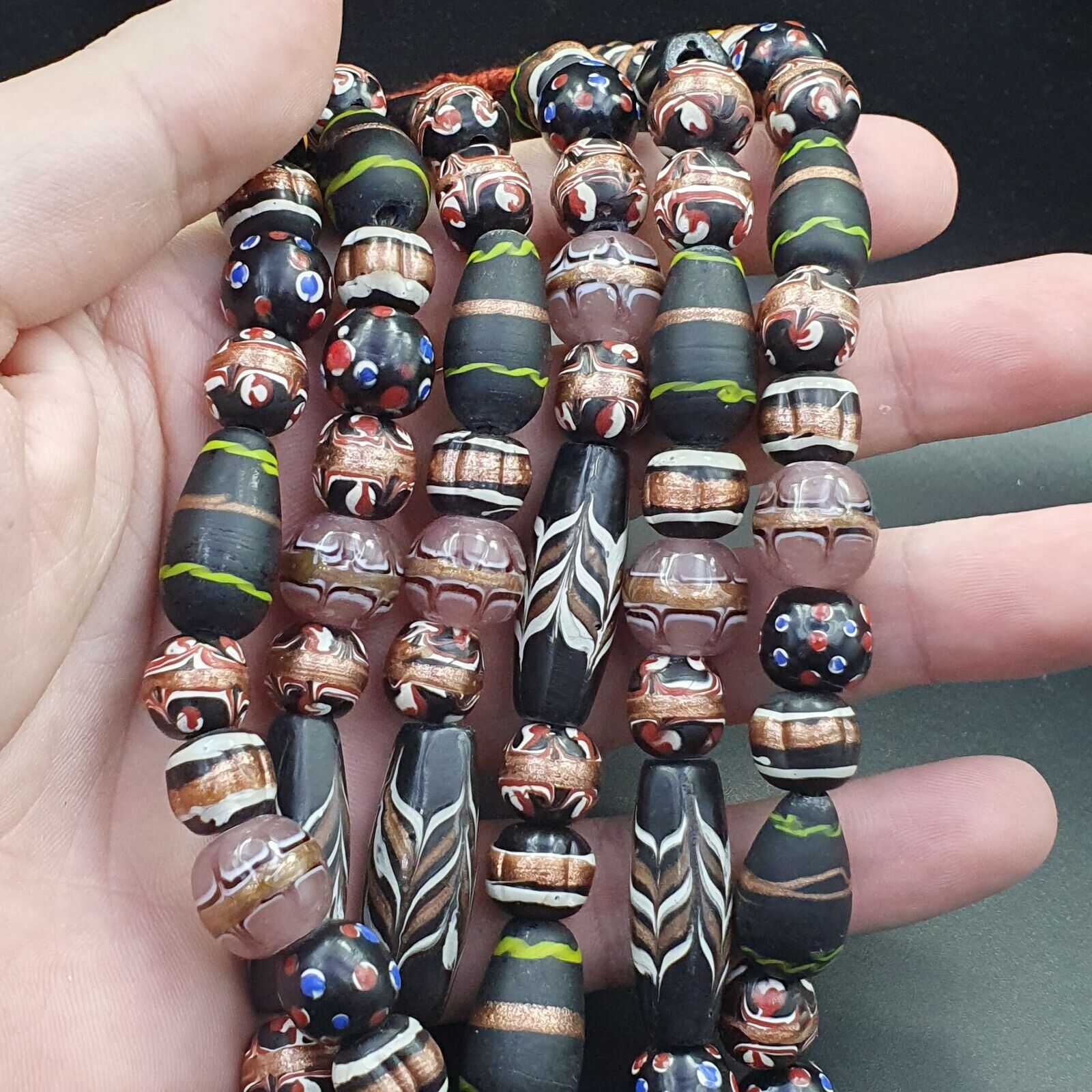 Vintage Fancy Aventurine Skunk Feather Venetian Style Beads | African