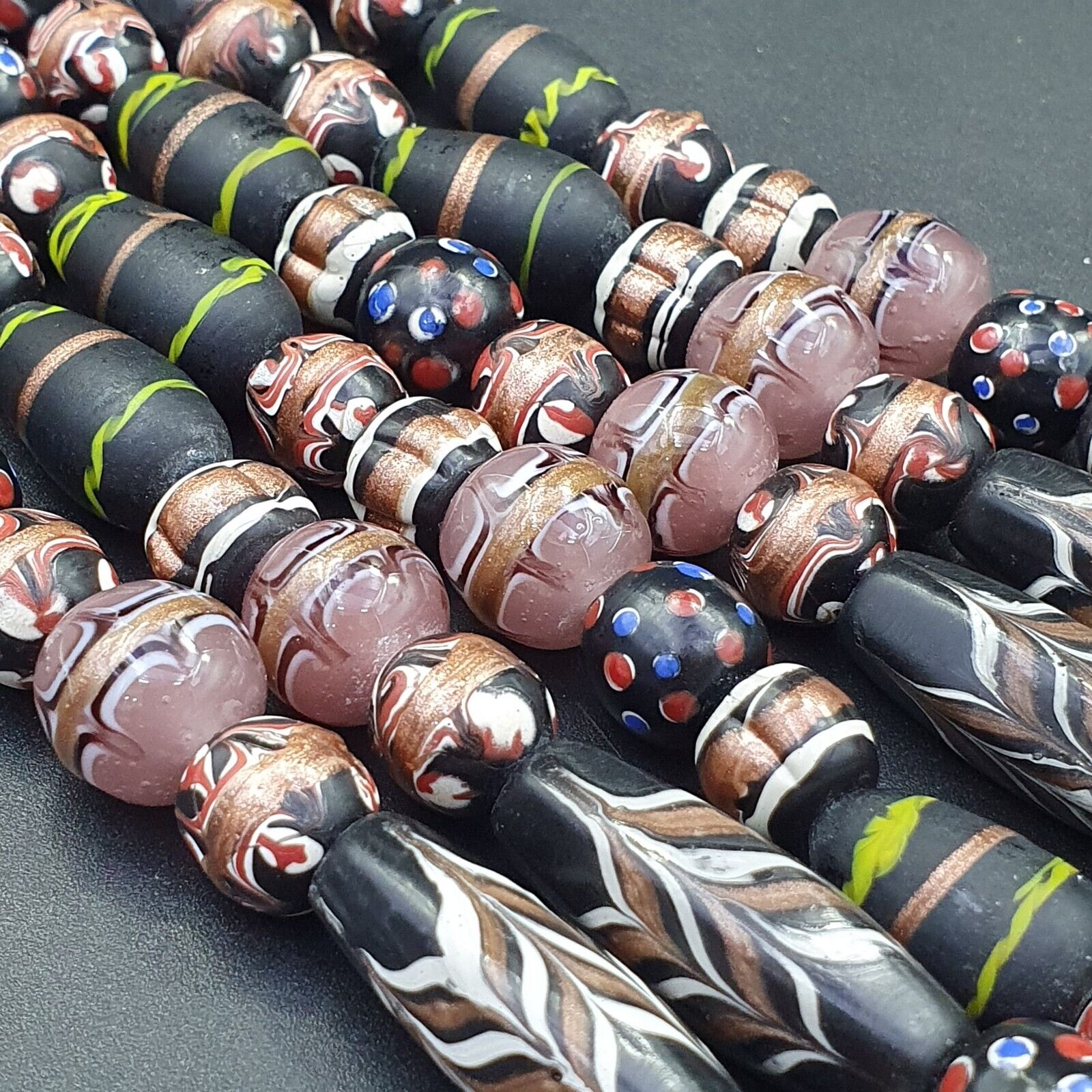 Vintage Fancy Aventurine Skunk Feather Venetian Style Beads | African