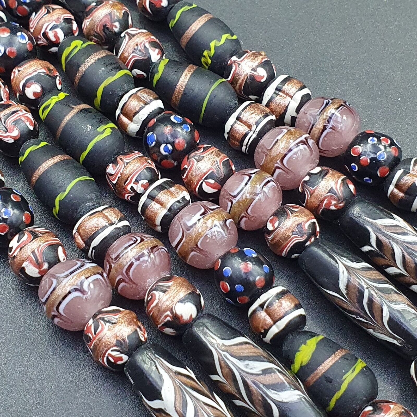 Vintage Fancy Aventurine Skunk Feather Venetian Style Beads | African
