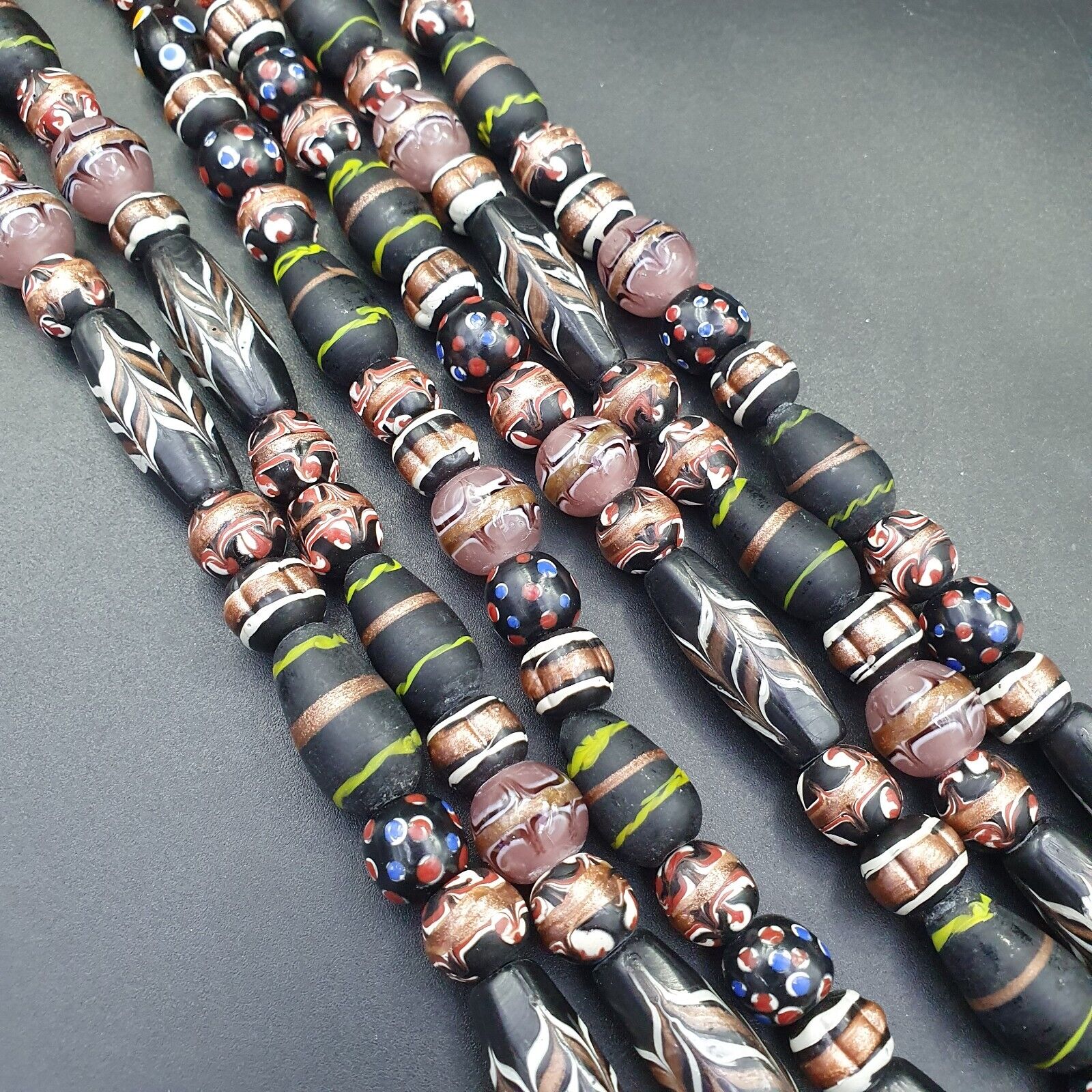 Vintage Fancy Aventurine Skunk Feather Venetian Style Beads | African