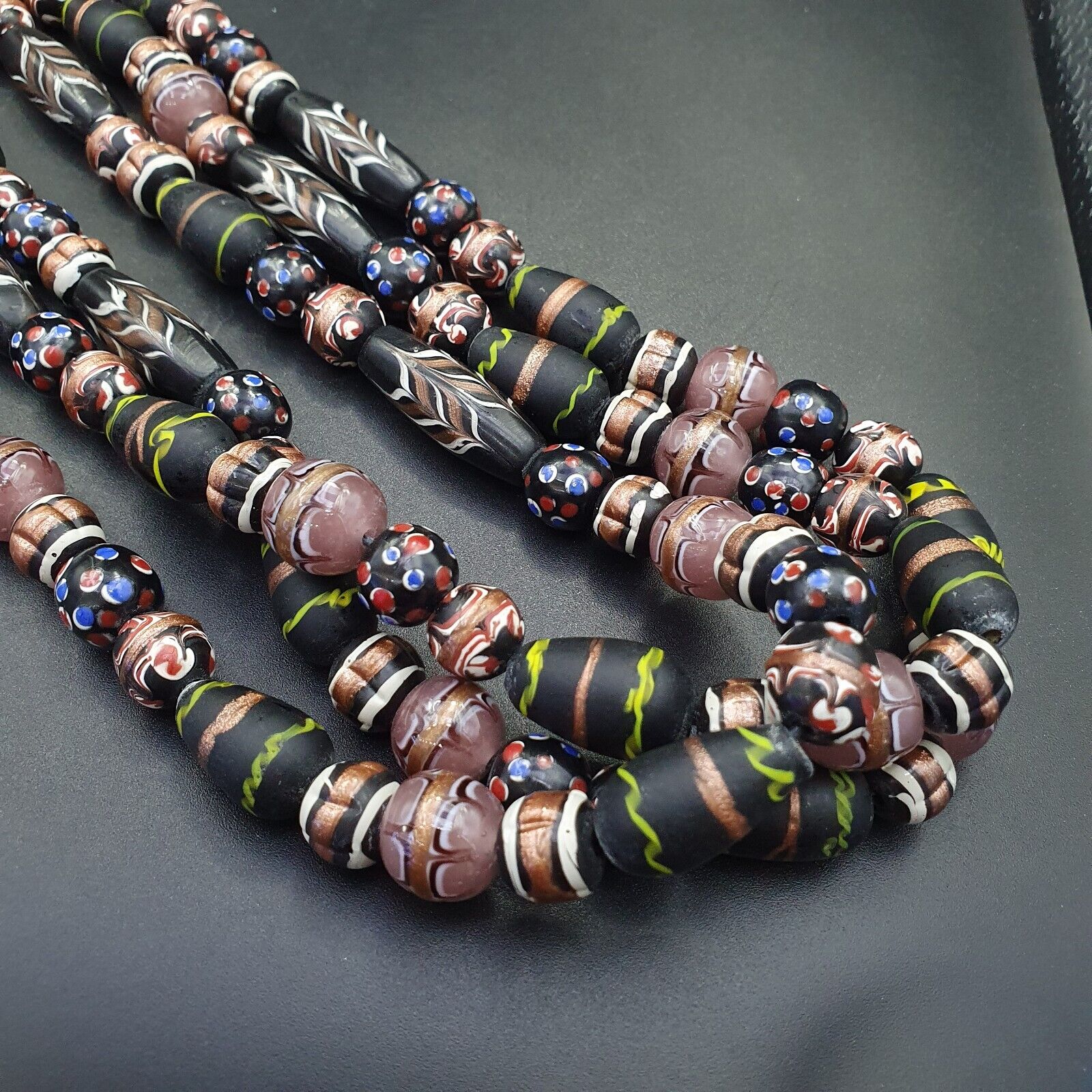 Vintage Fancy Aventurine Skunk Feather Venetian Style Beads | African