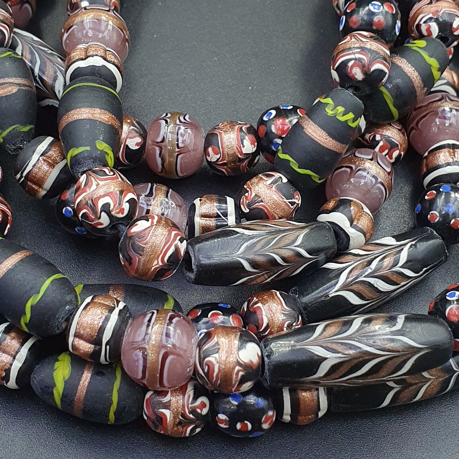 Vintage Fancy Aventurine Skunk Feather Venetian Style Beads | African