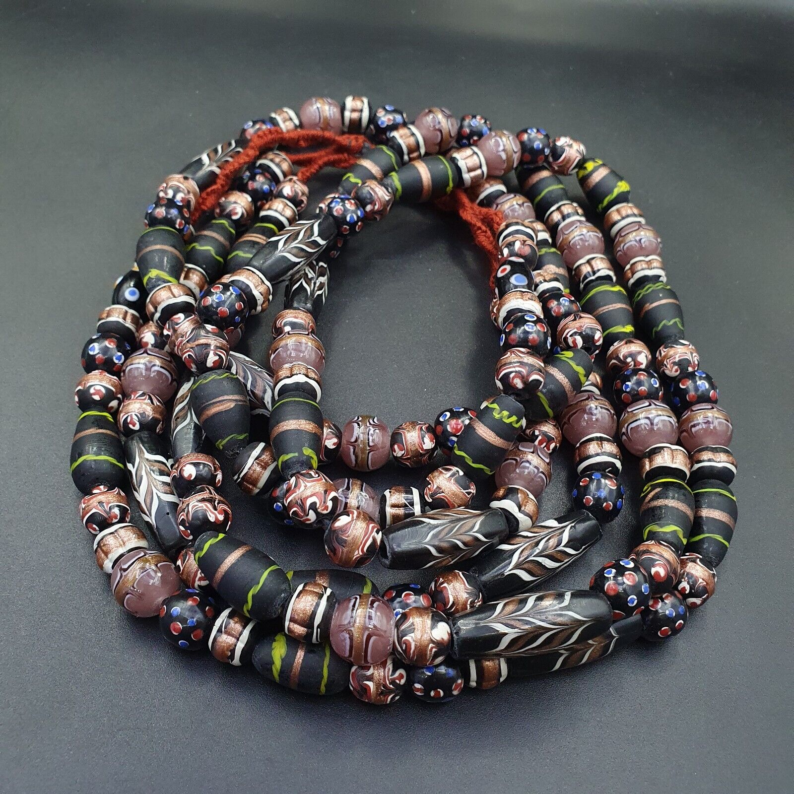 Vintage Fancy Aventurine Skunk Feather Venetian Style Beads | African