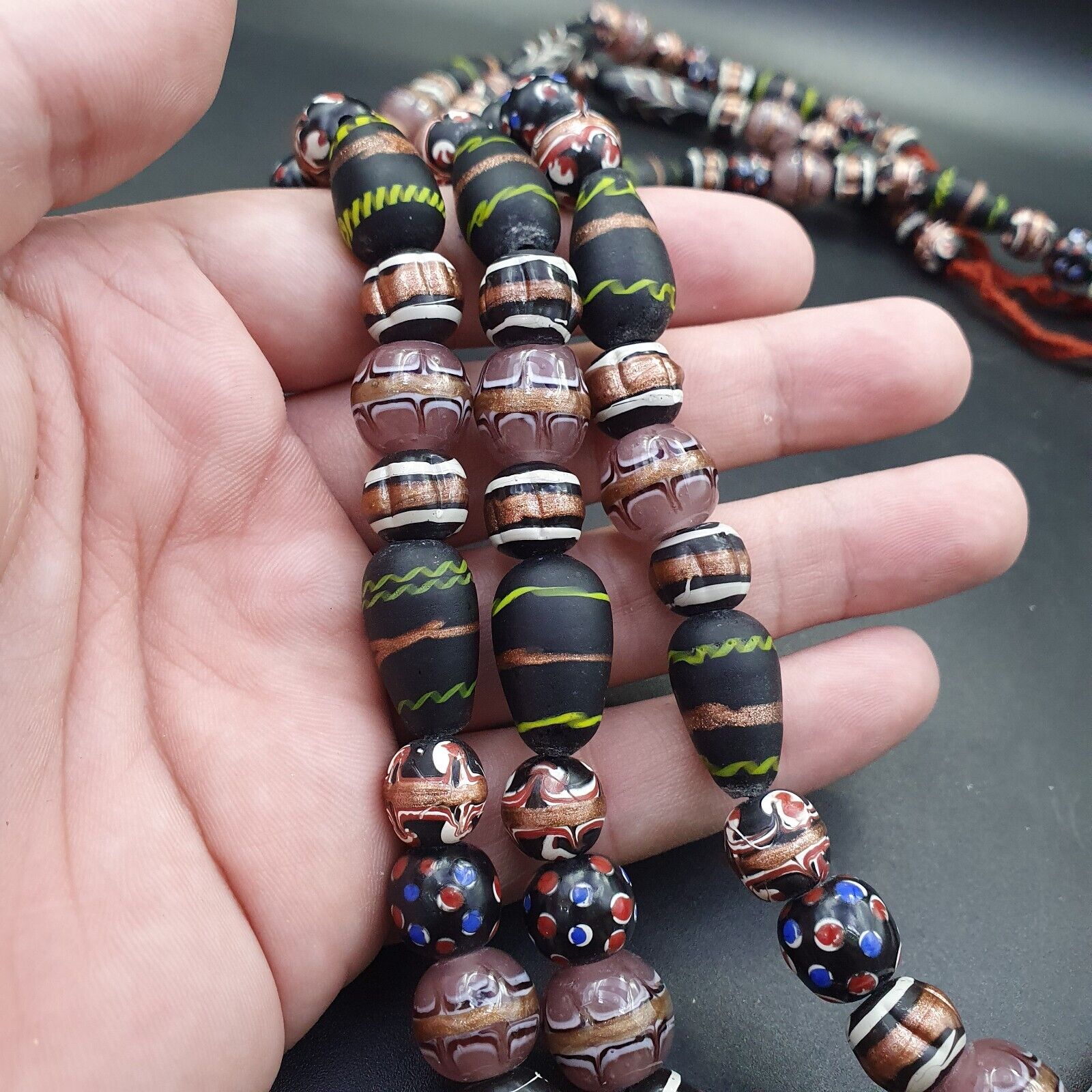 Vintage Fancy Aventurine Skunk Feather Venetian Style Beads | African