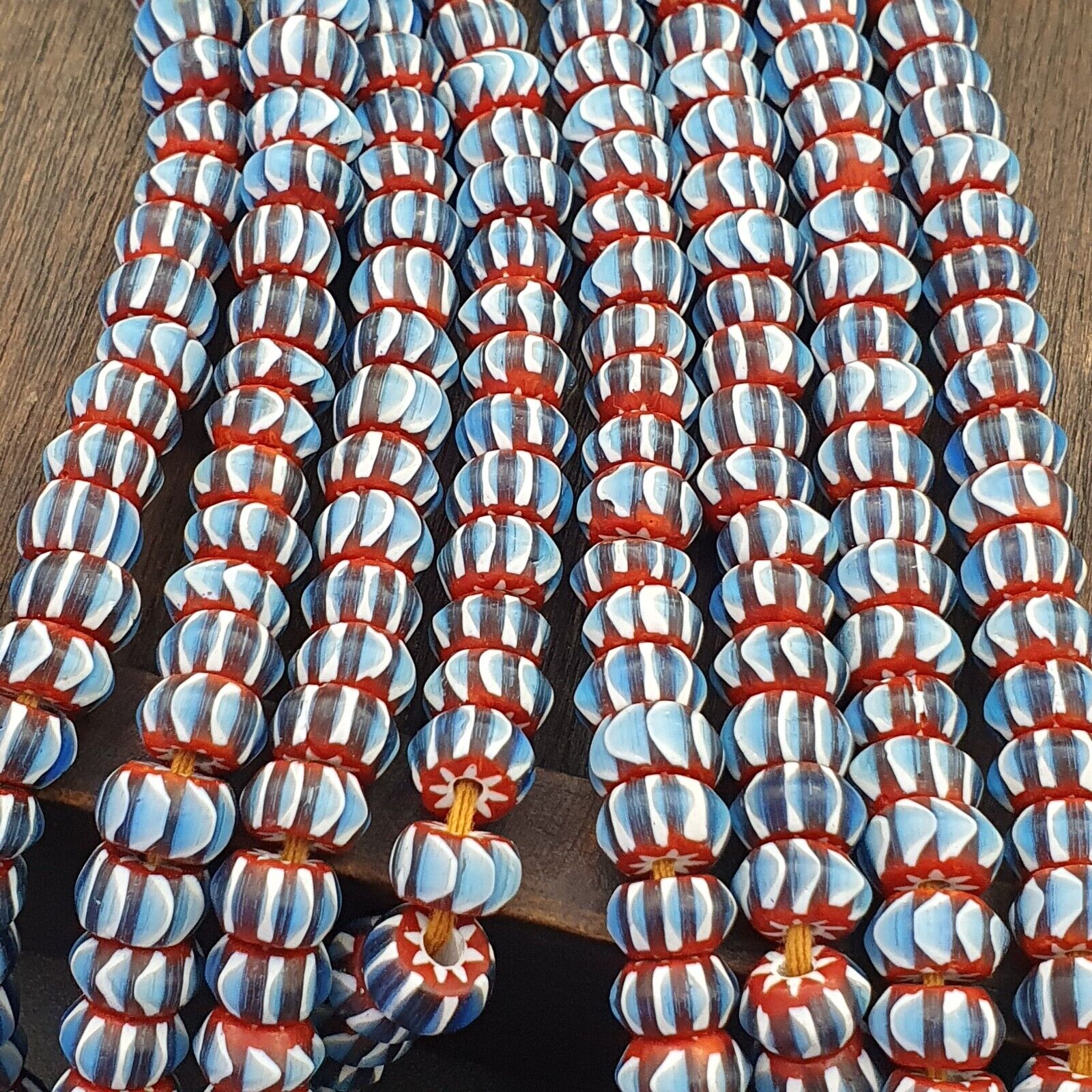 Vintage Chevron Beads Venetian Style RED Blue Glass 9-10mm Beads Long Strand