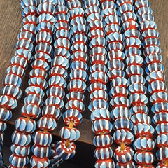 Vintage Chevron Beads Venetian Style RED Blue Glass 9-10mm Beads Long Strand