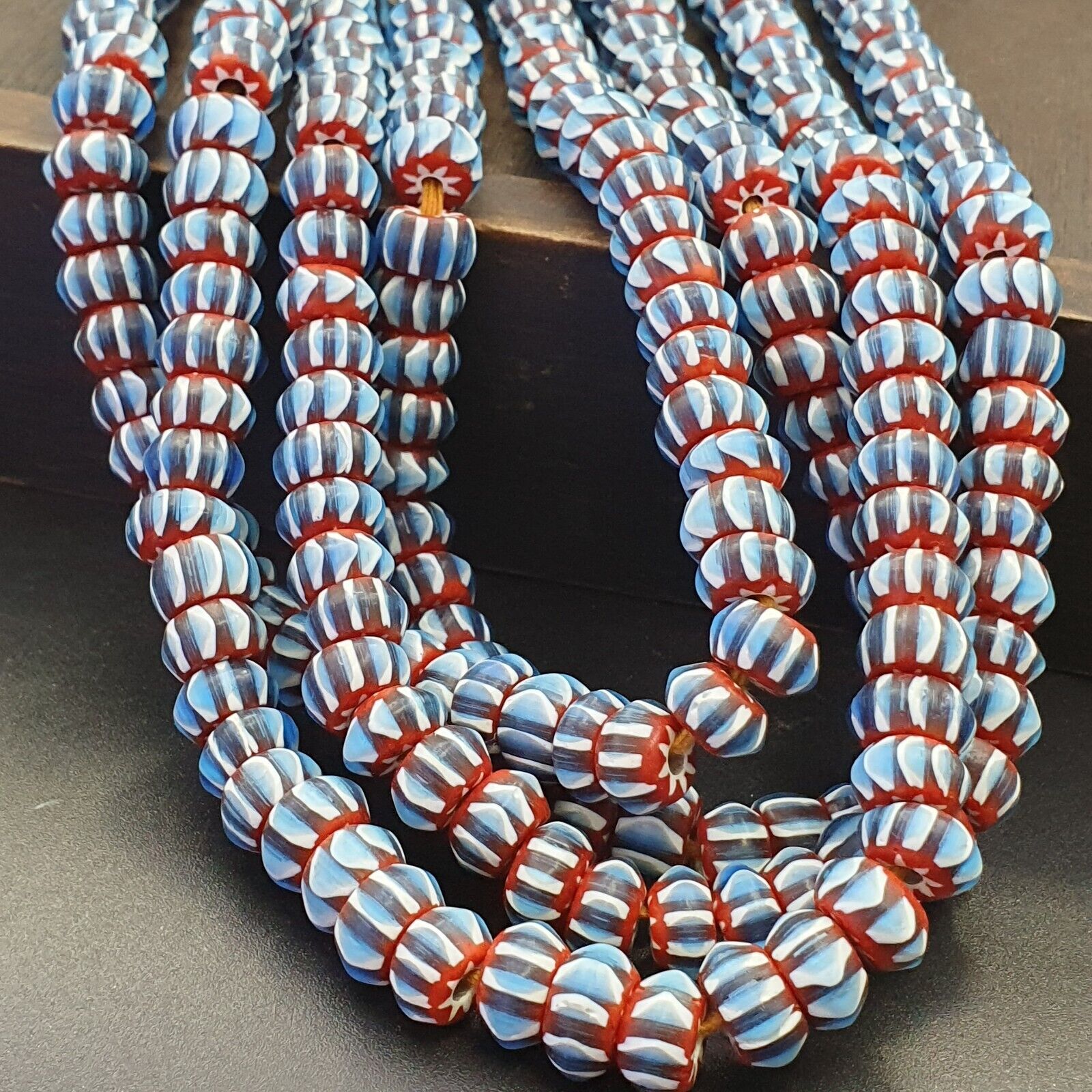Vintage Chevron Beads Venetian Style RED Blue Glass 9-10mm Beads Long Strand