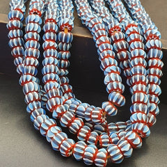 Vintage Chevron Beads Venetian Style RED Blue Glass 9-10mm Beads Long Strand