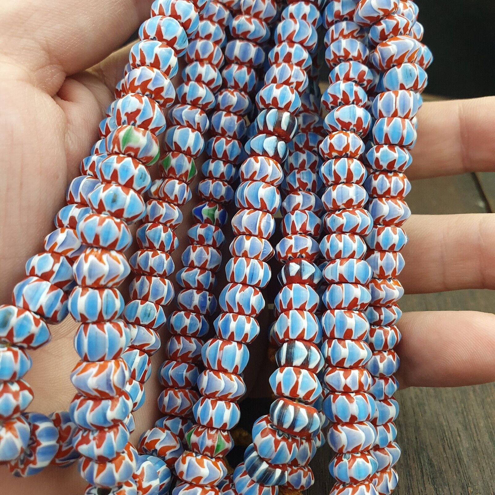 Vintage Chevron Beads Venetian Style RED Blue Glass 9-10mm Beads Long Strand