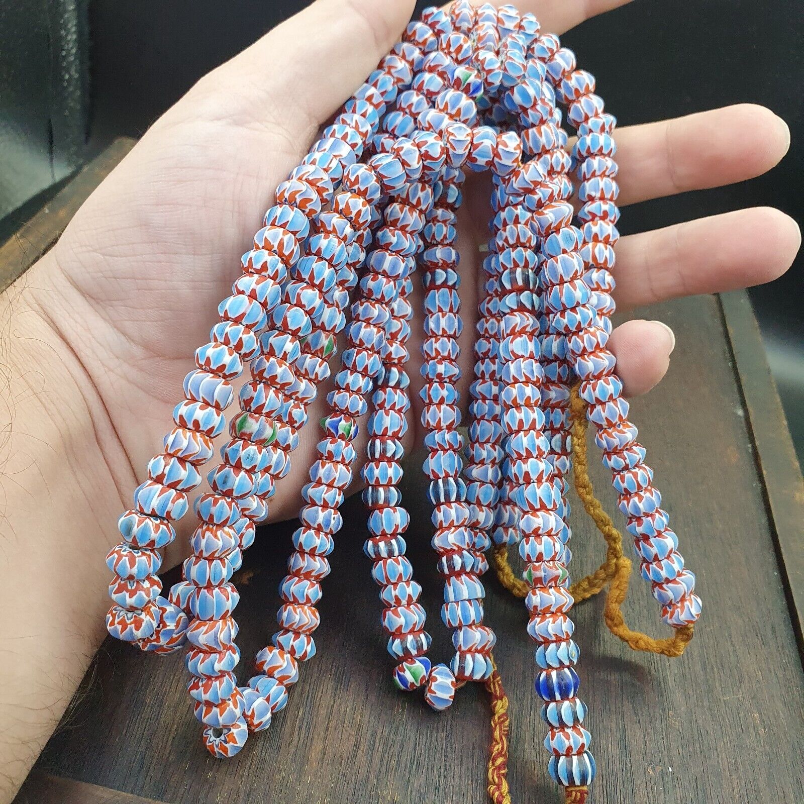 Vintage Chevron Beads Venetian Style RED Blue Glass 9-10mm Beads Long Strand