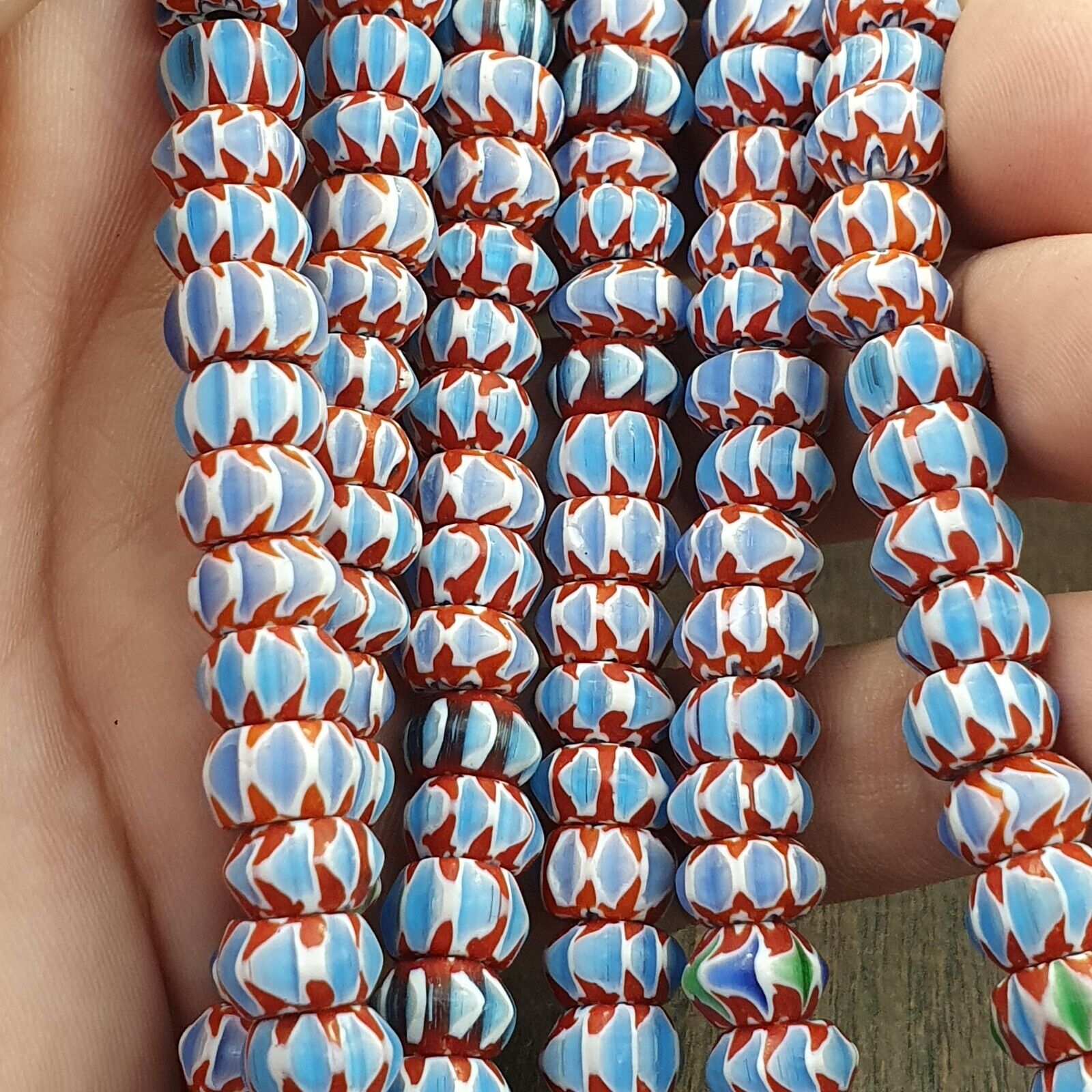 Vintage Chevron Beads Venetian Style RED Blue Glass 9-10mm Beads Long Strand