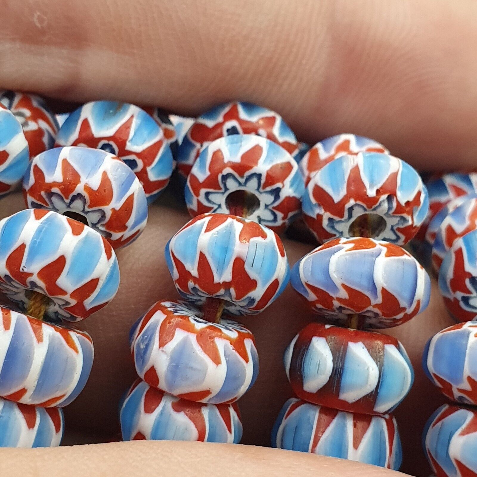 Vintage Chevron Beads Venetian Style RED Blue Glass 9-10mm Beads Long Strand