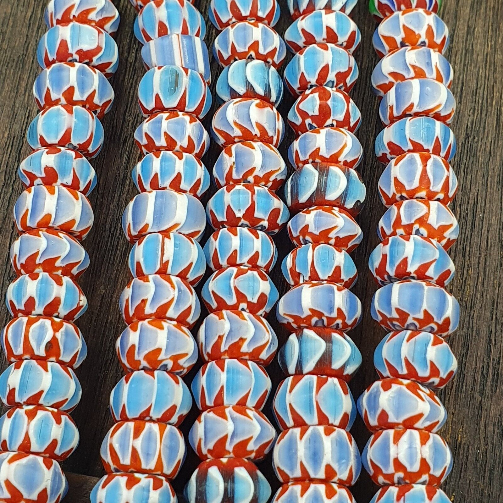 Vintage Chevron Beads Venetian Style RED Blue Glass 9-10mm Beads Long Strand