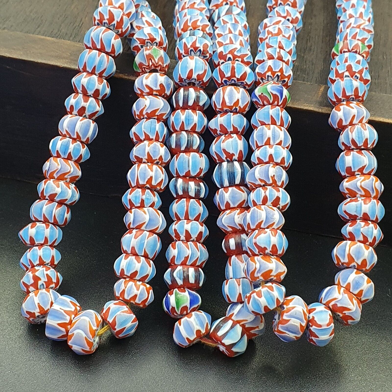 Vintage Chevron Beads Venetian Style RED Blue Glass 9-10mm Beads Long Strand
