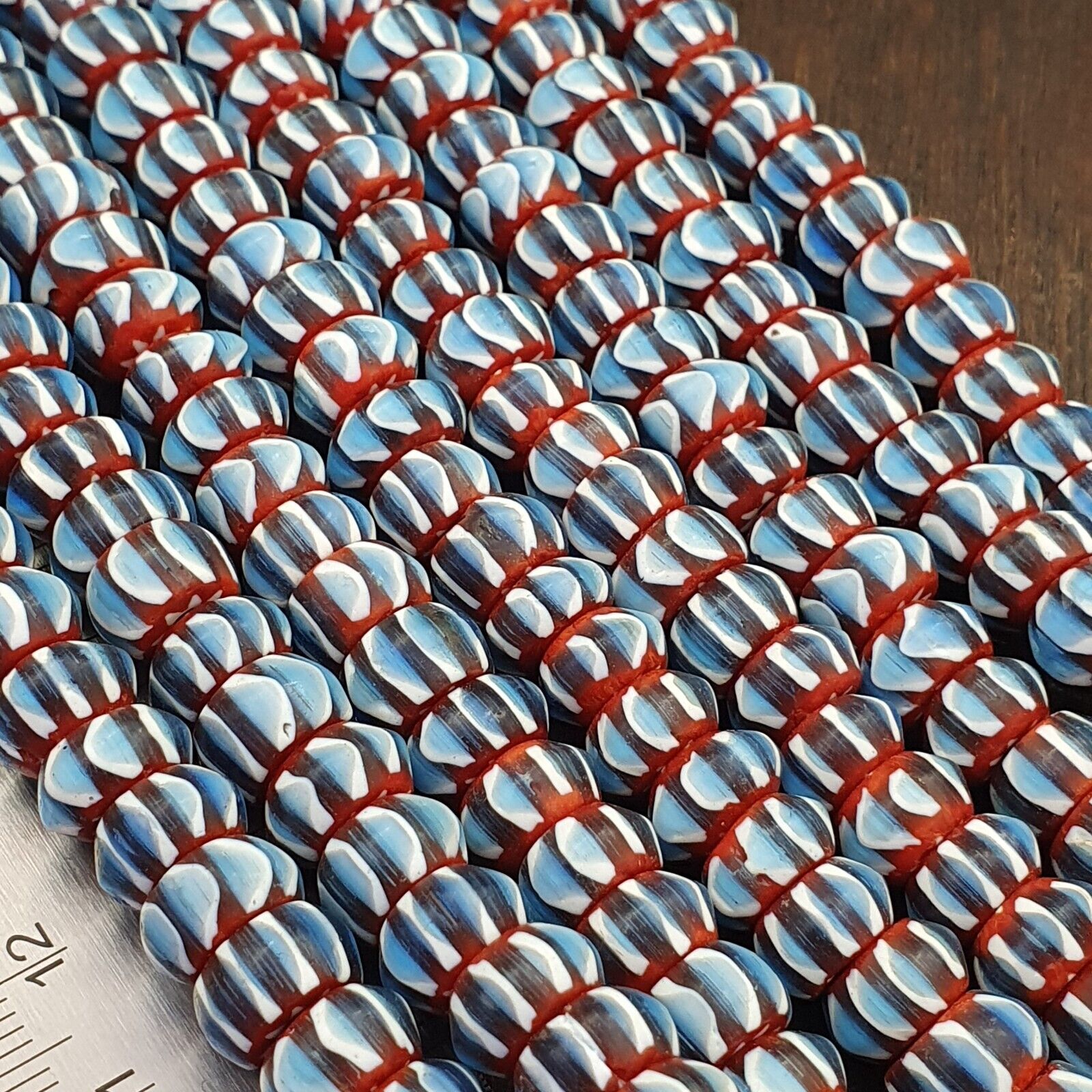 Vintage Chevron Beads Venetian Style Sky Blue Glass 9-10mm Beads Long Strand