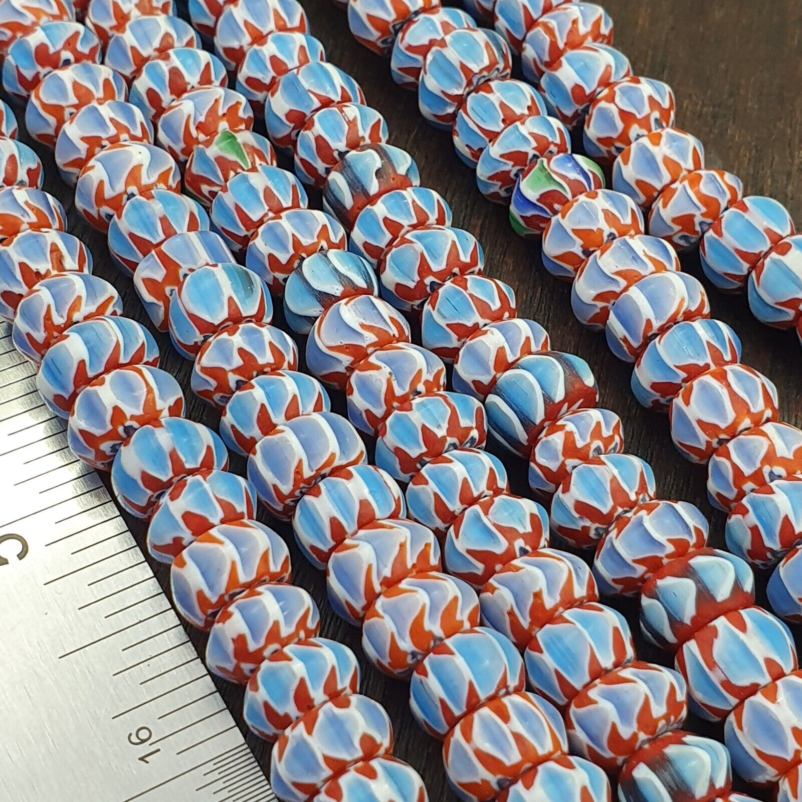 Vintage Chevron Beads Venetian Style RED Blue Glass 9-10mm Beads Long Strand