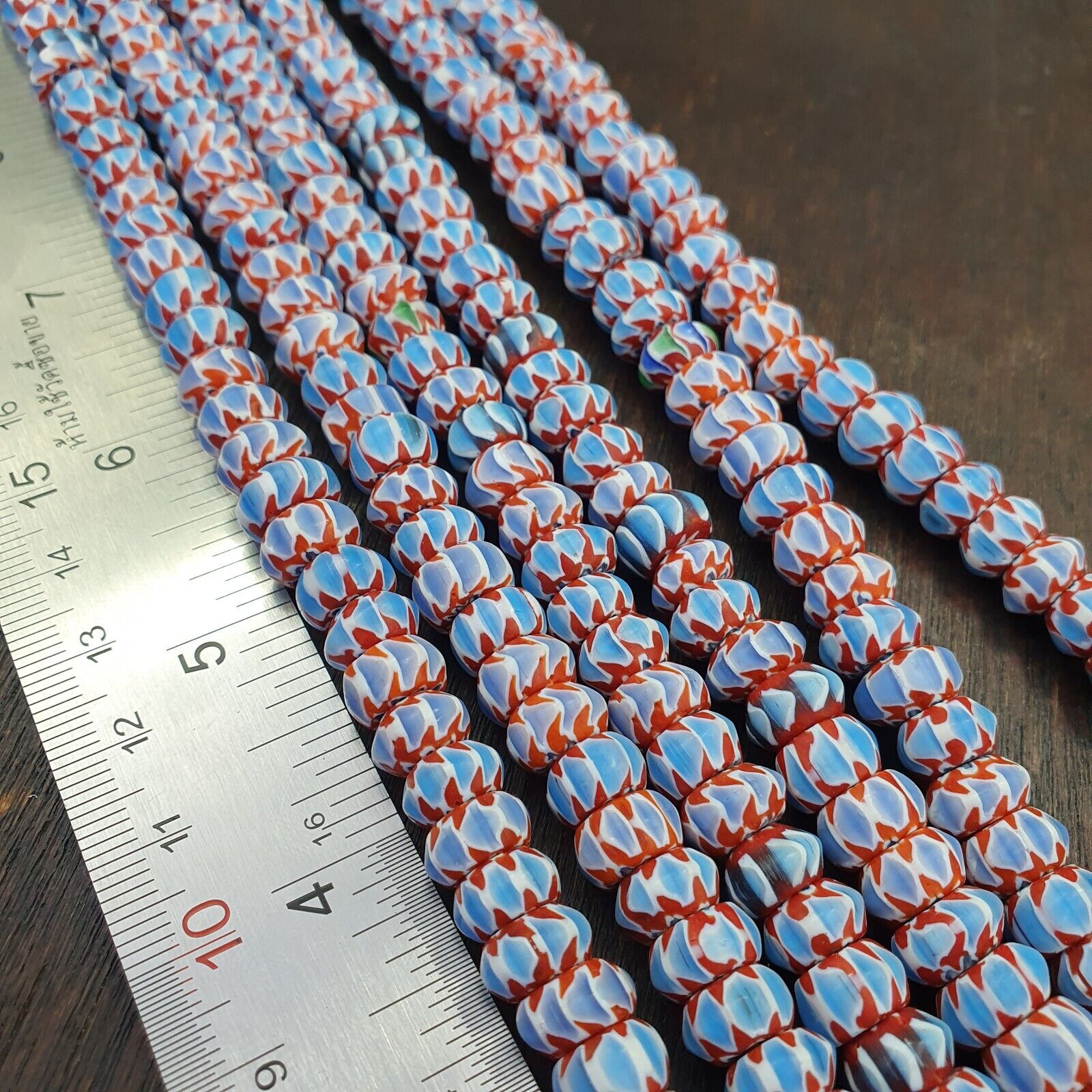 Vintage Chevron Beads Venetian Style RED Blue Glass 9-10mm Beads Long Strand