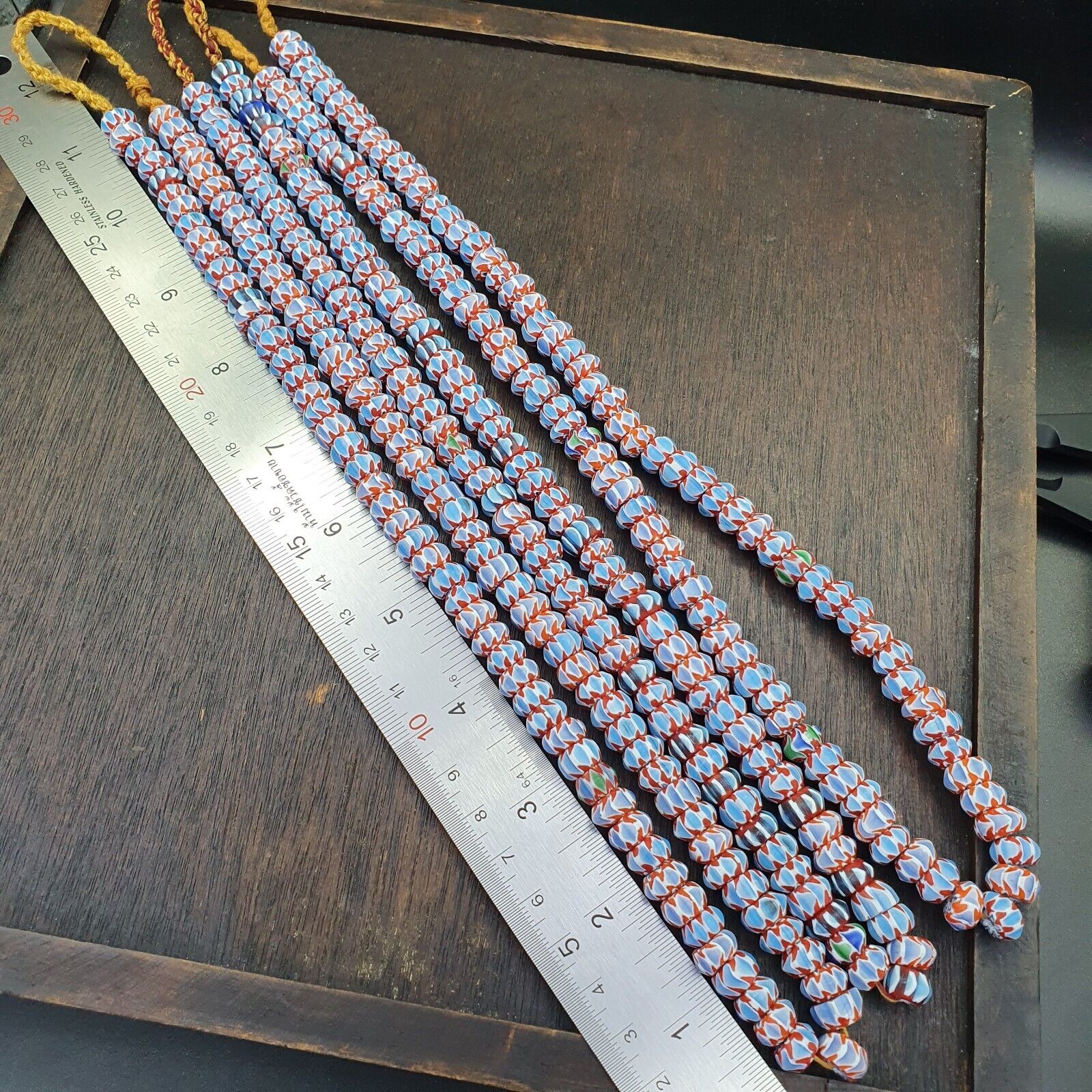 Vintage Chevron Beads Venetian Style RED Blue Glass 9-10mm Beads Long Strand