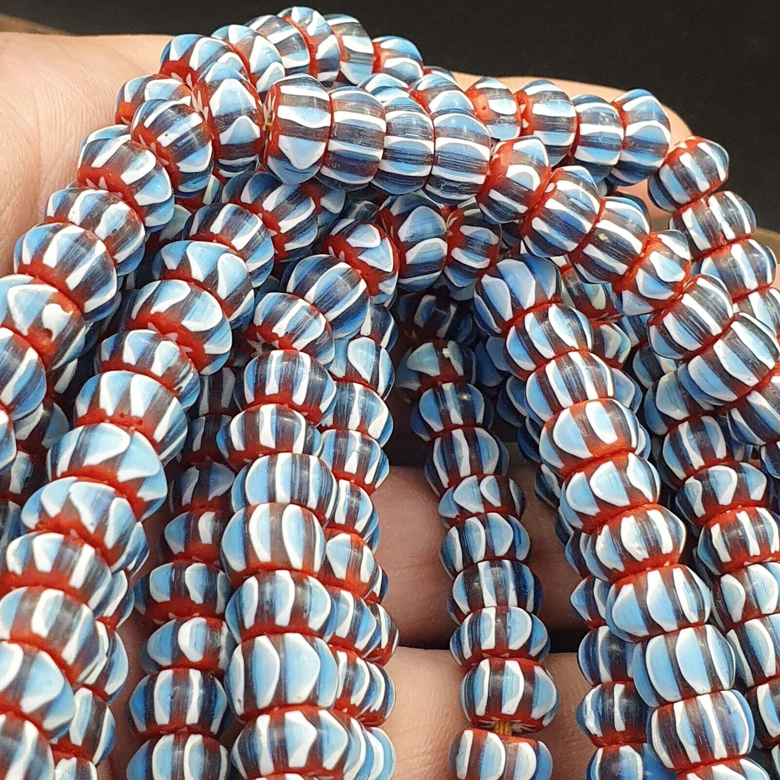 Vintage Chevron Beads Venetian Style Sky Blue Glass 9-10mm Beads Long Strand