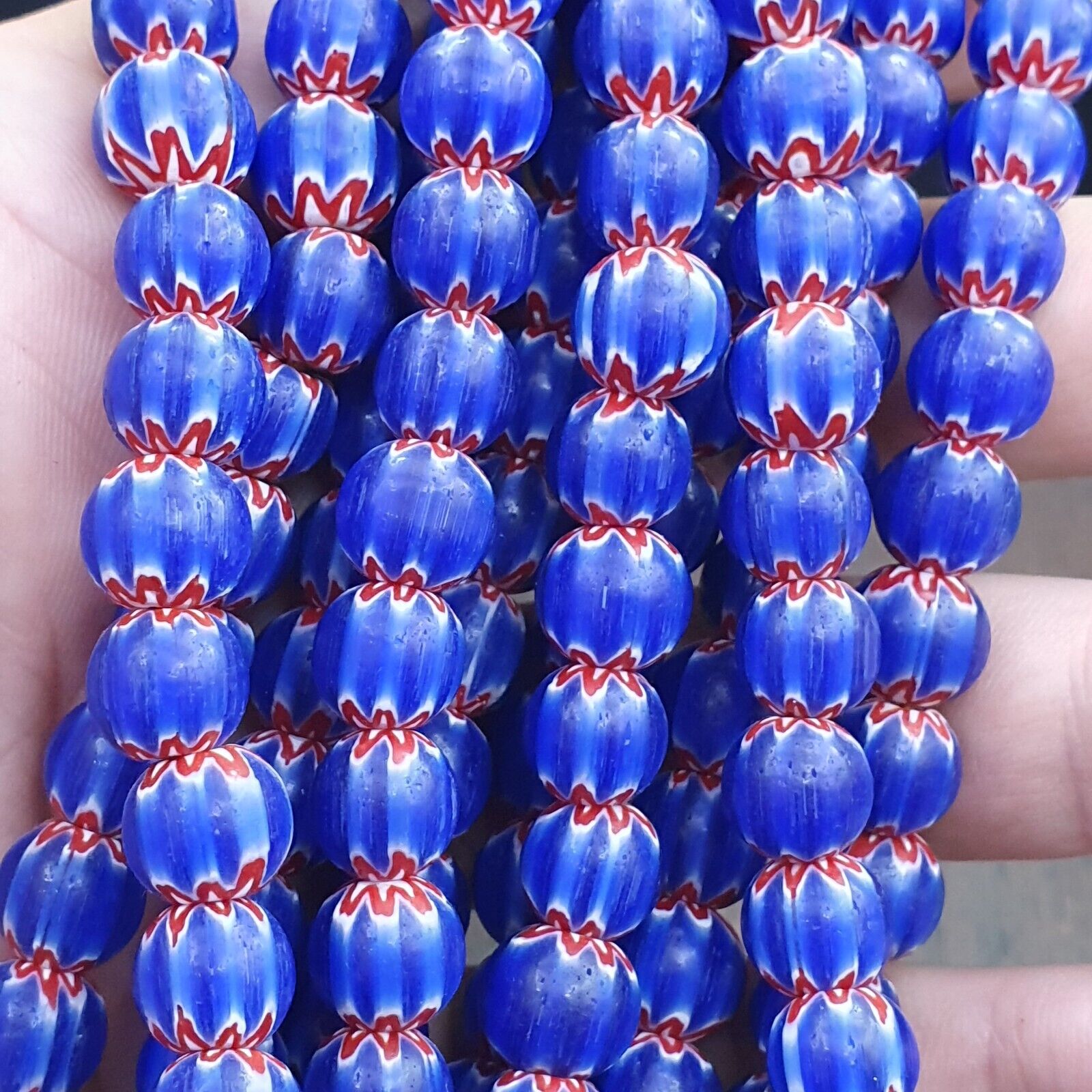Vintage Old Blue Chevron Trade beads Old African9-9.5mm Glass Beads Necklace