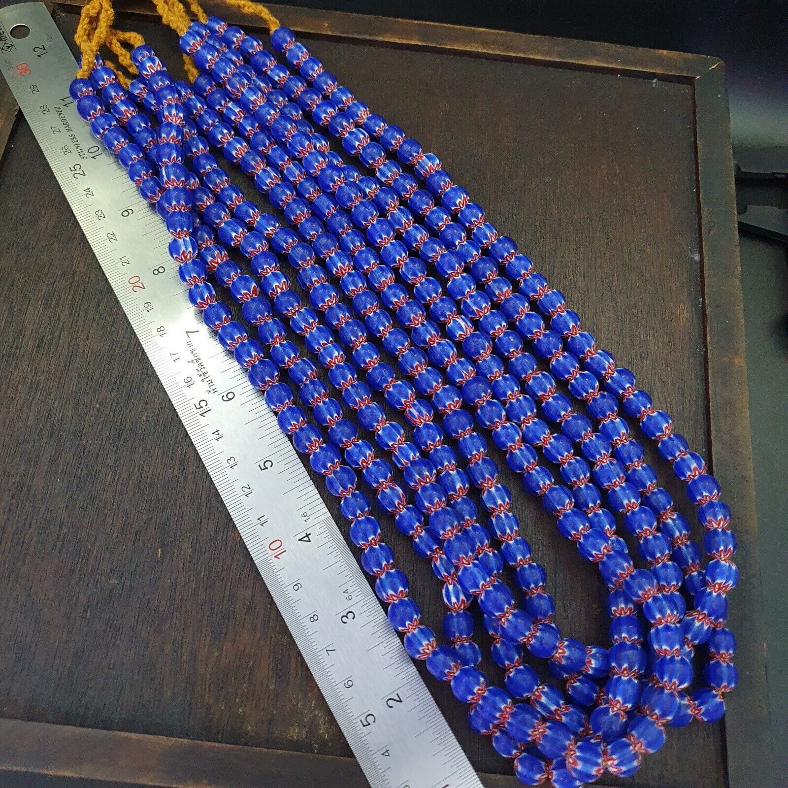 Vintage Old Blue Chevron Trade beads Old African9-9.5mm Glass Beads Necklace
