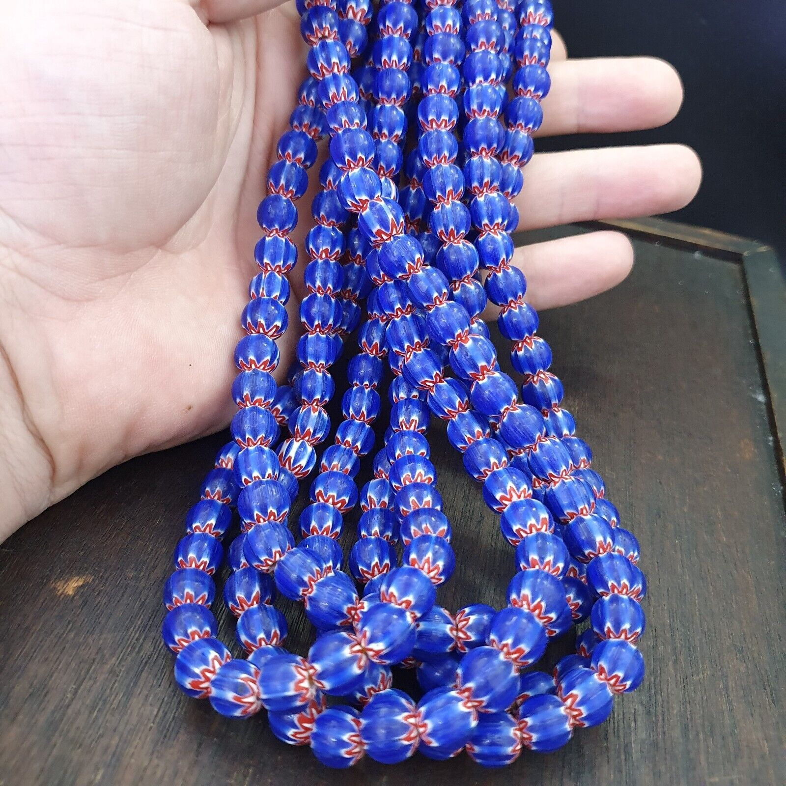 Vintage Old Blue Chevron Trade beads Old African9-9.5mm Glass Beads Necklace