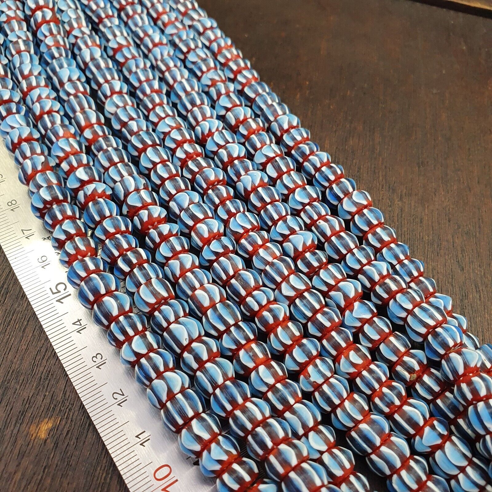 Vintage Chevron Beads Venetian Style Sky Blue Glass 9-10mm Beads Long Strand