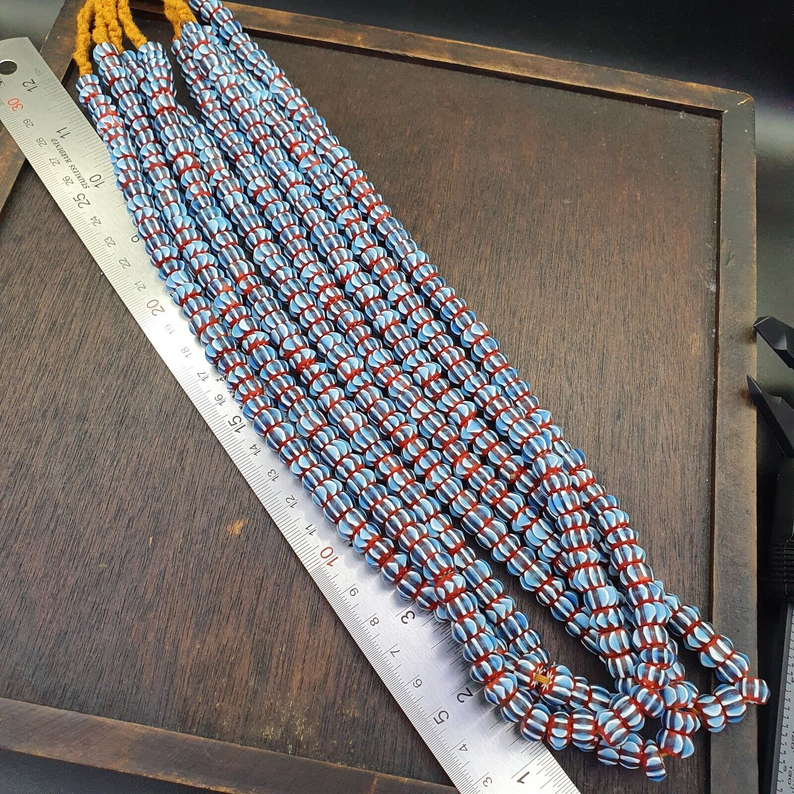 Vintage Chevron Beads Venetian Style Sky Blue Glass 9-10mm Beads Long Strand
