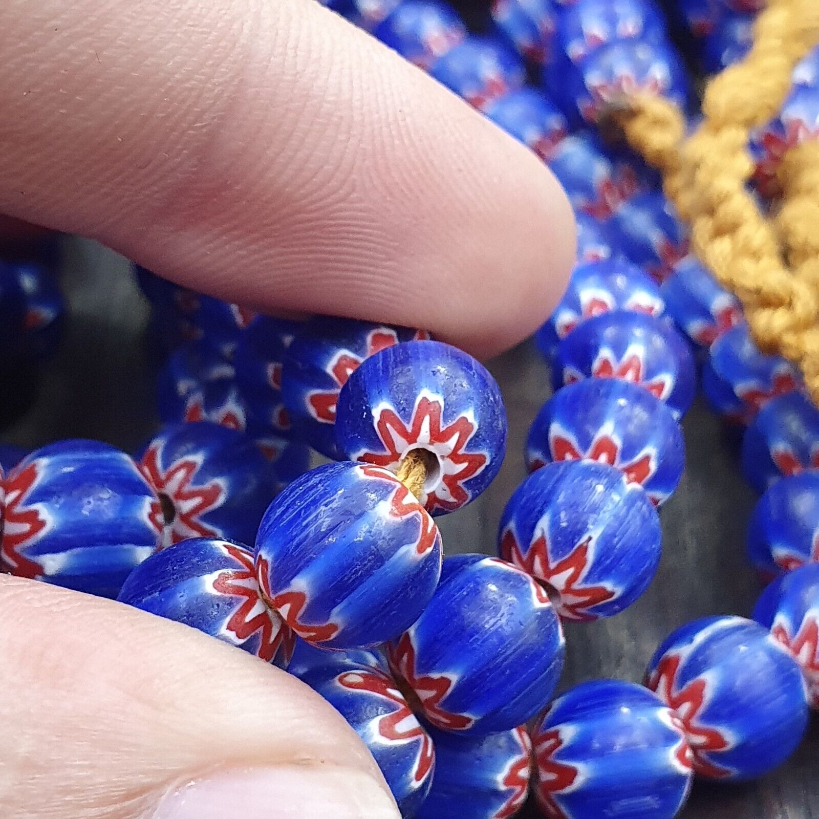 Vintage Old Blue Chevron Trade beads Old African9-9.5mm Glass Beads Necklace