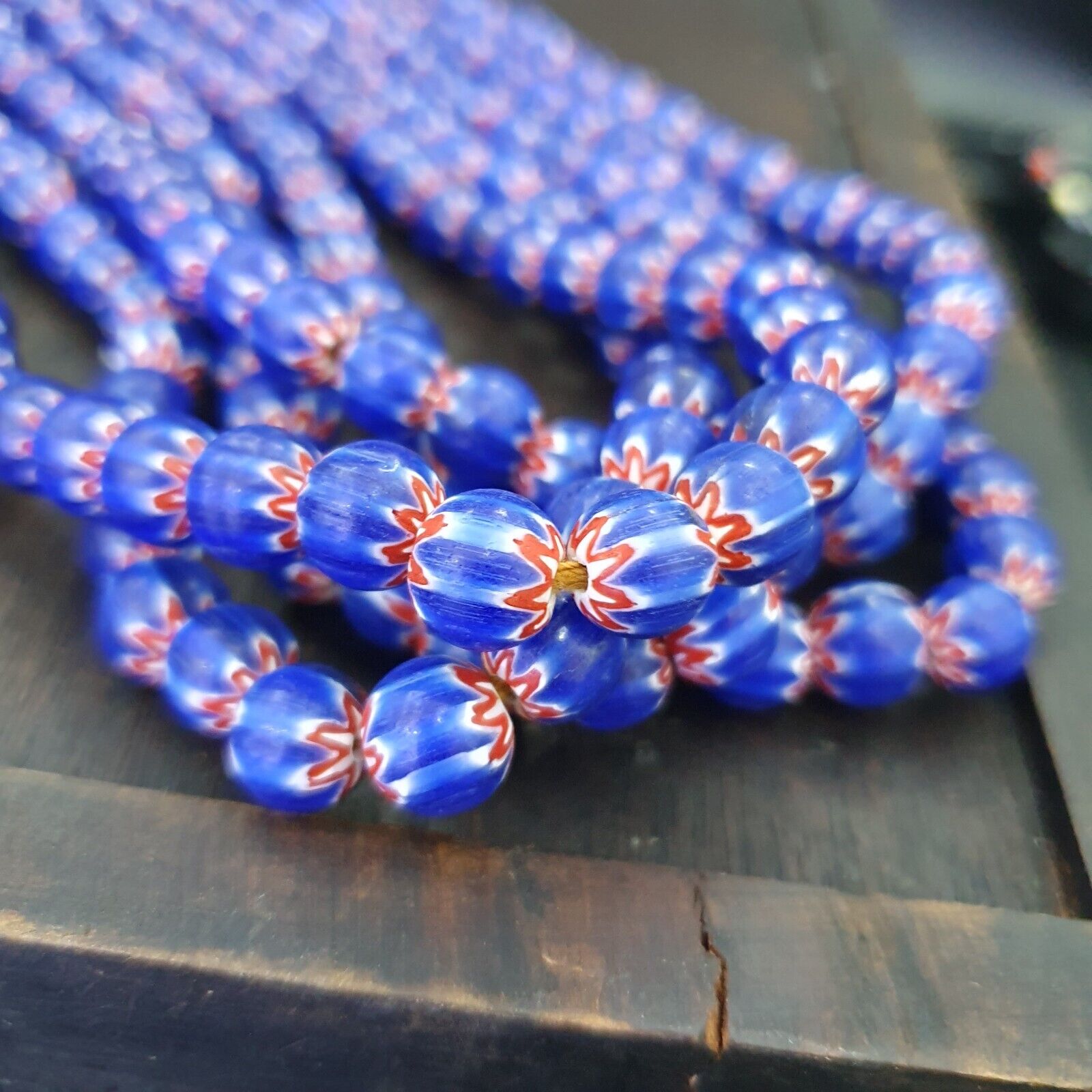Vintage Old Blue Chevron Trade beads Old African9-9.5mm Glass Beads Necklace