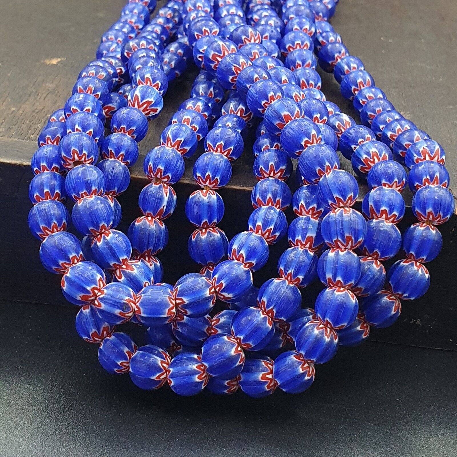 Vintage Old Blue Chevron Trade beads Old African9-9.5mm Glass Beads Necklace