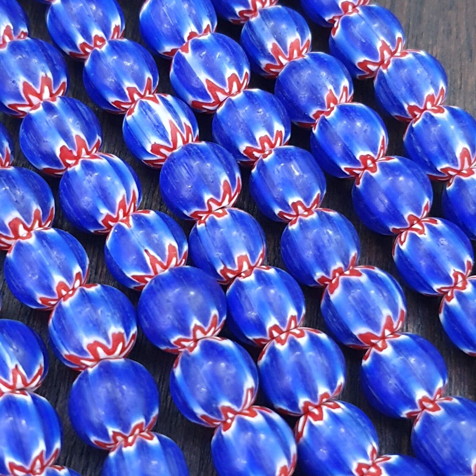 Vintage Old Blue Chevron Trade beads Old African9-9.5mm Glass Beads Necklace