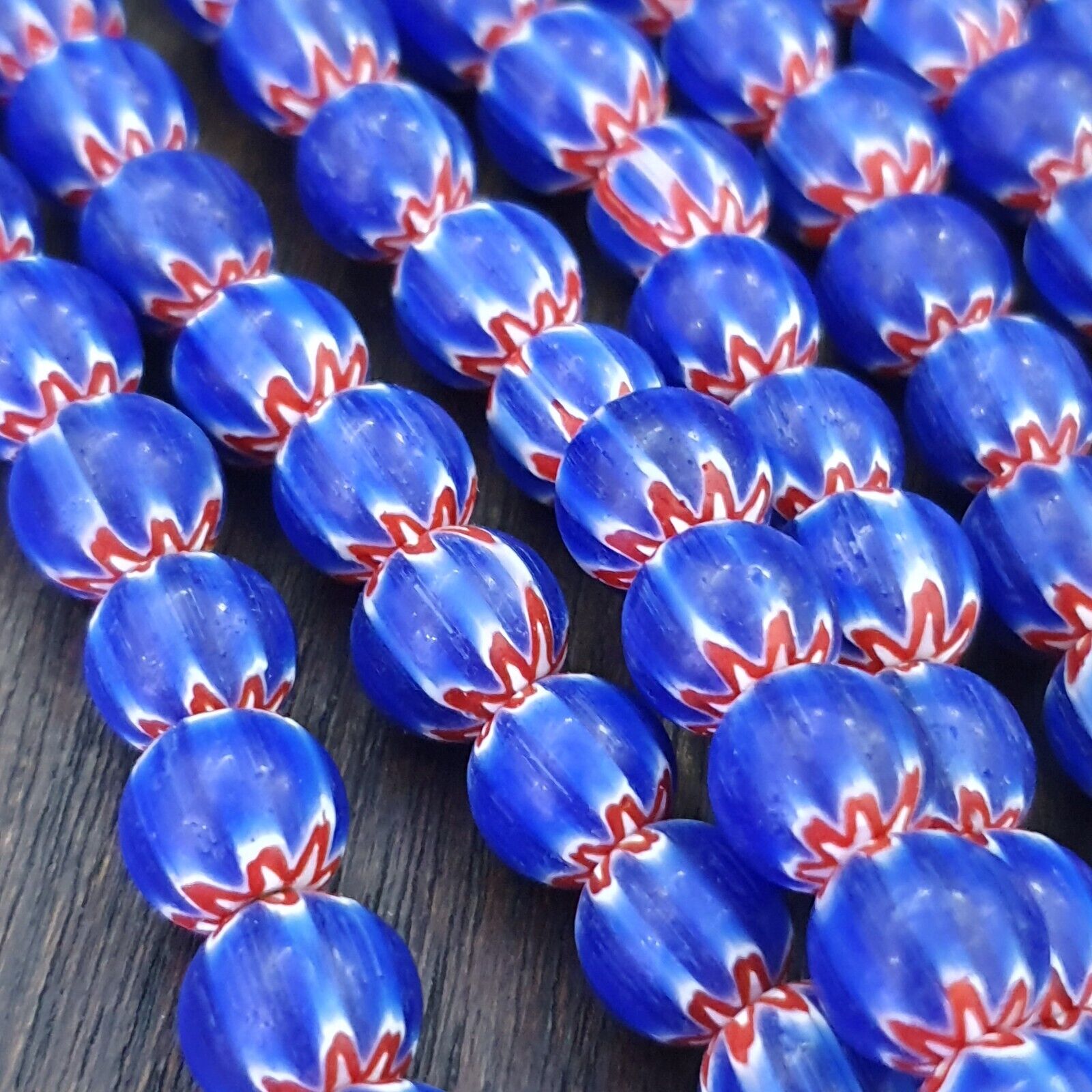Vintage Old Blue Chevron Trade beads Old African9-9.5mm Glass Beads Necklace