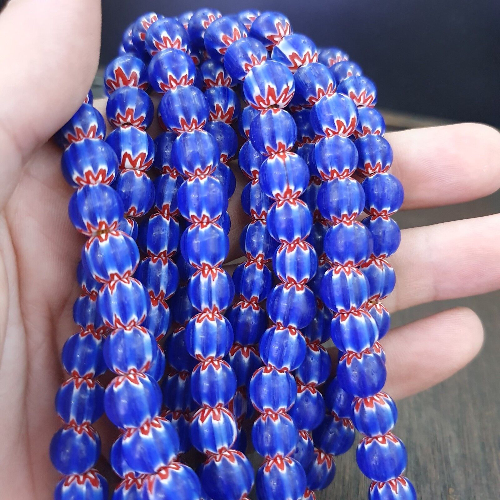 Vintage Old Blue Chevron Trade beads Old African9-9.5mm Glass Beads Necklace