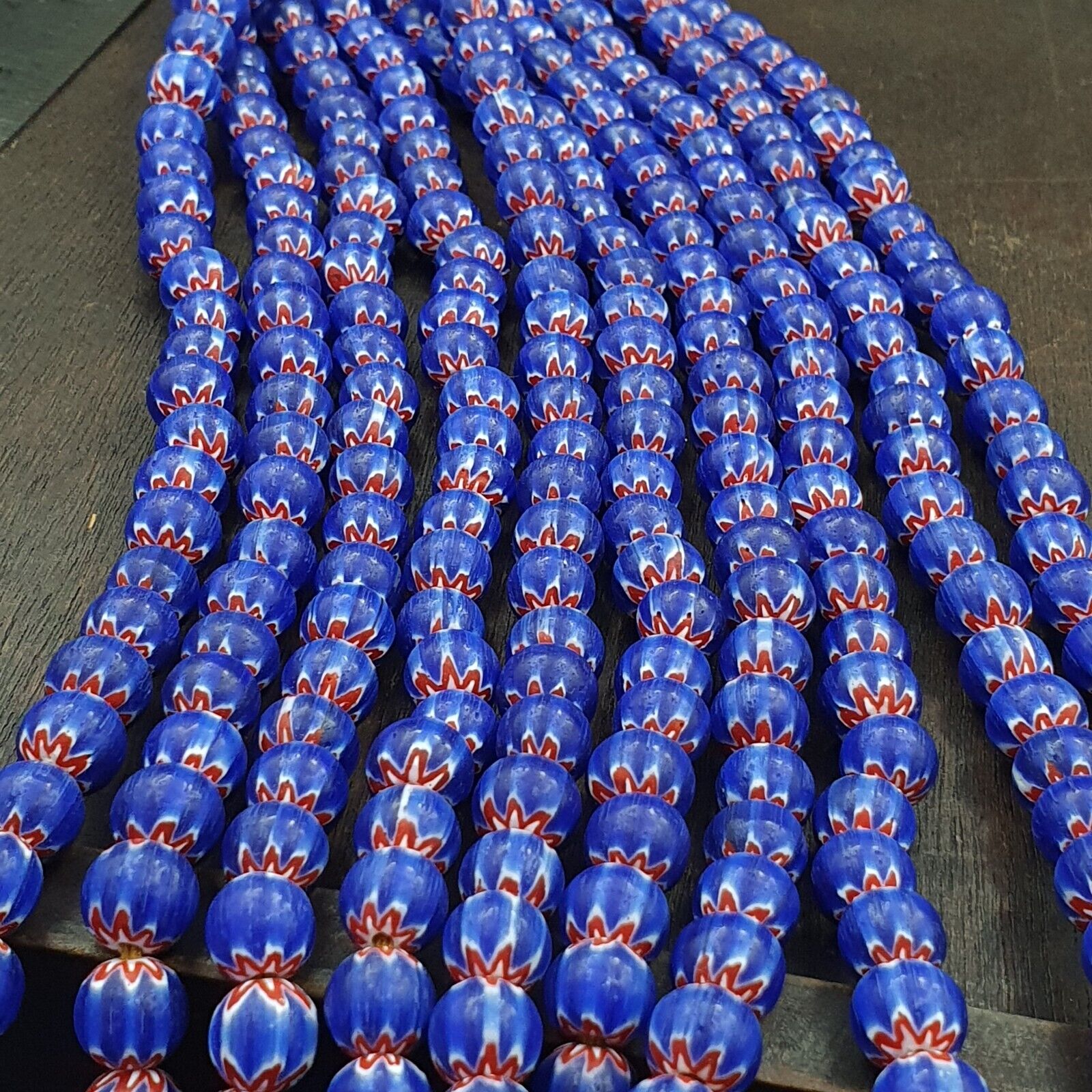 Vintage Old Blue Chevron Trade beads Old African9-9.5mm Glass Beads Necklace
